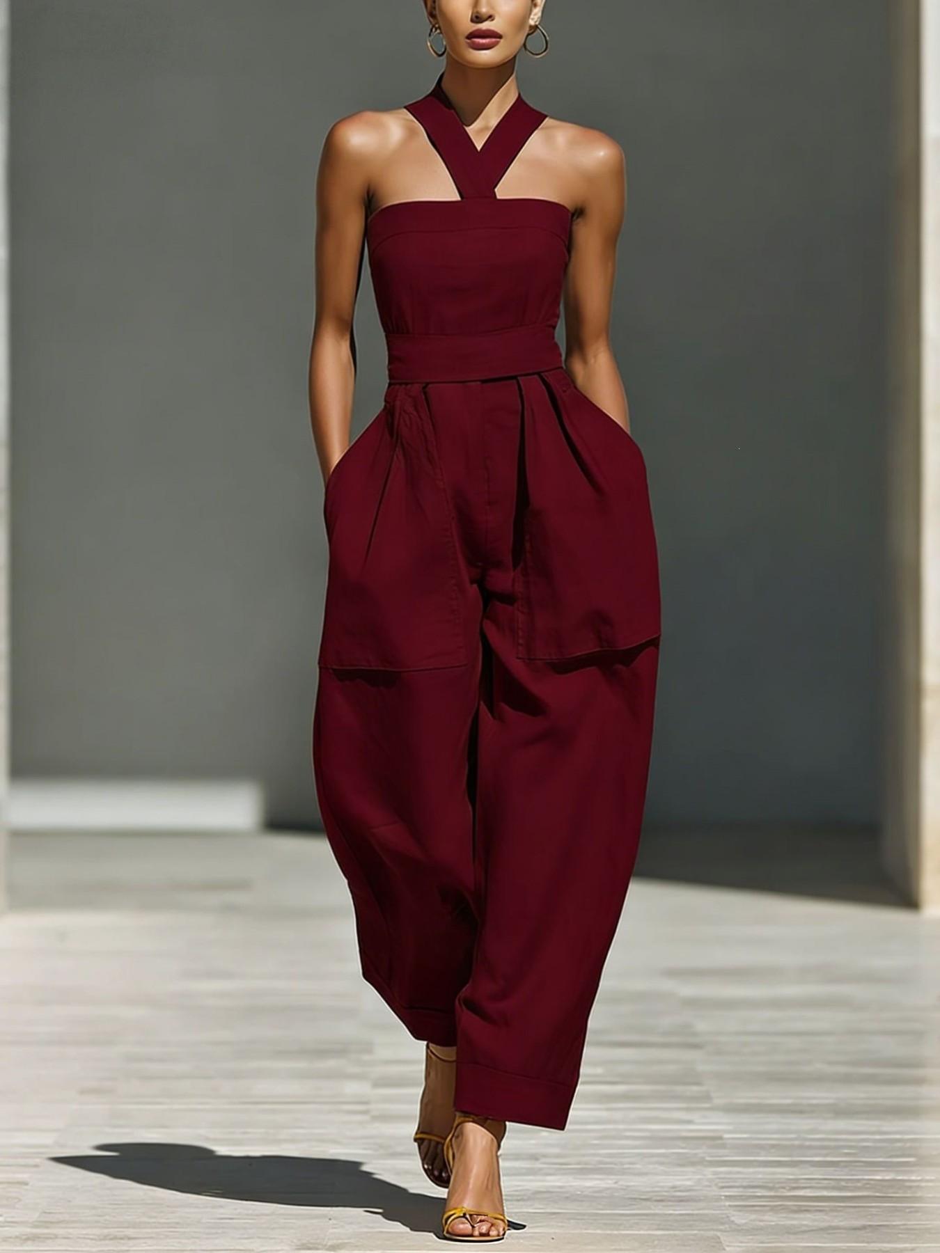 2026 Summer New Solid Color Cross Halter Neck with Pockets Loose Fit Women's Romper, Stylish and Comfortable One-Piece