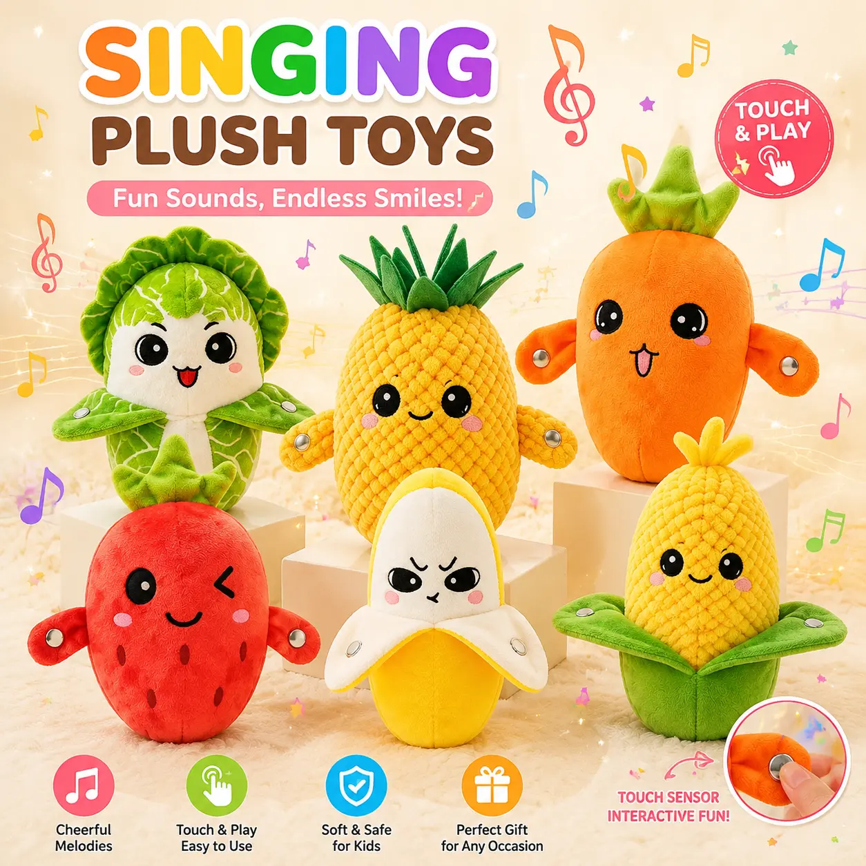 Interactive Music Plush Toy Set, Musical Sensory Toys, Carrot | Touch-sensing banana plush with music for sensory play, parent-child interaction and Christmas birthday gifts