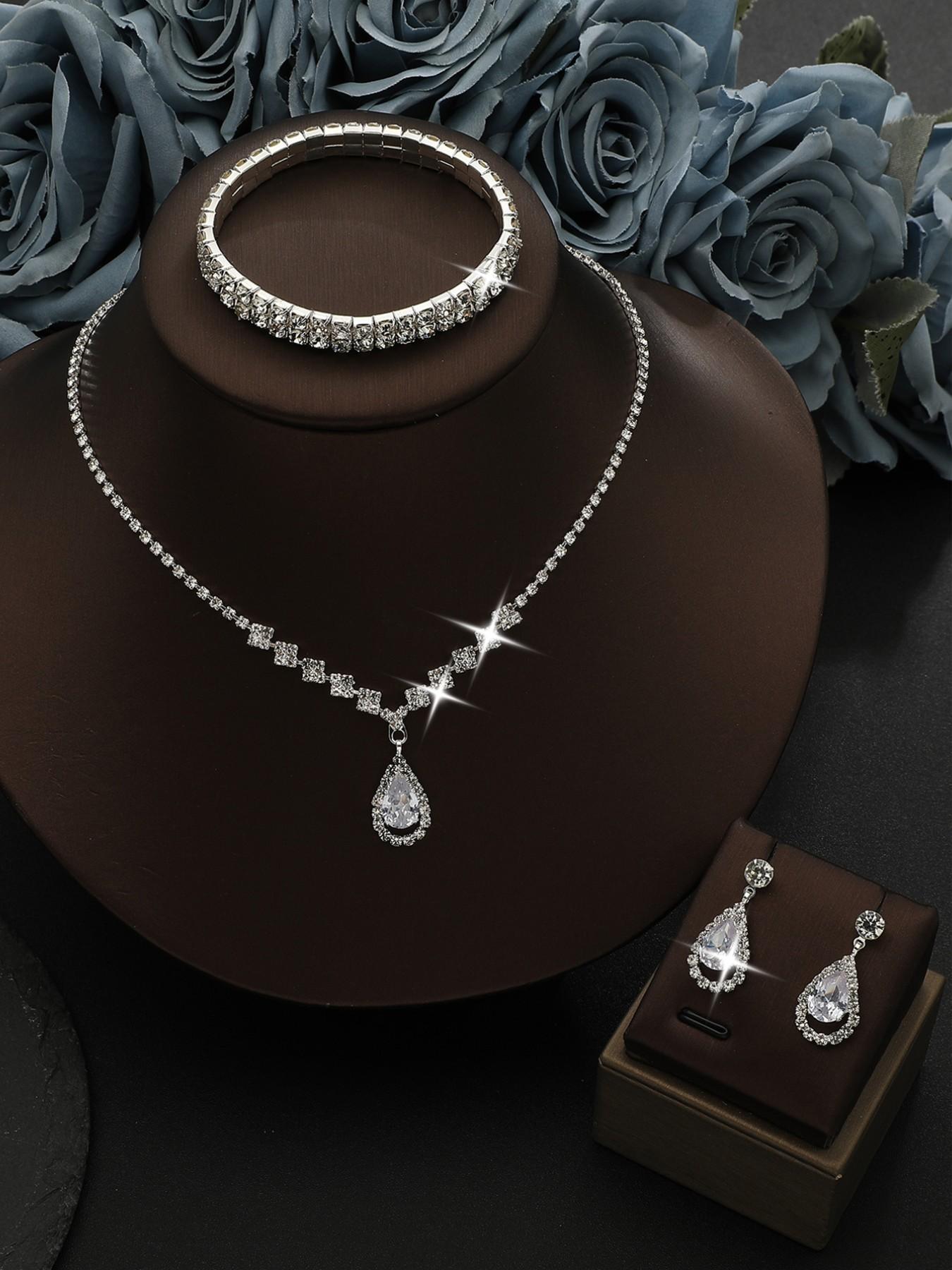 Vintage Luxurious Full Diamond Tennis Chain Set, Teardrop Pendant Necklace Earrings Bracelet, Wedding Accessories, Casual All-Season Jewelry