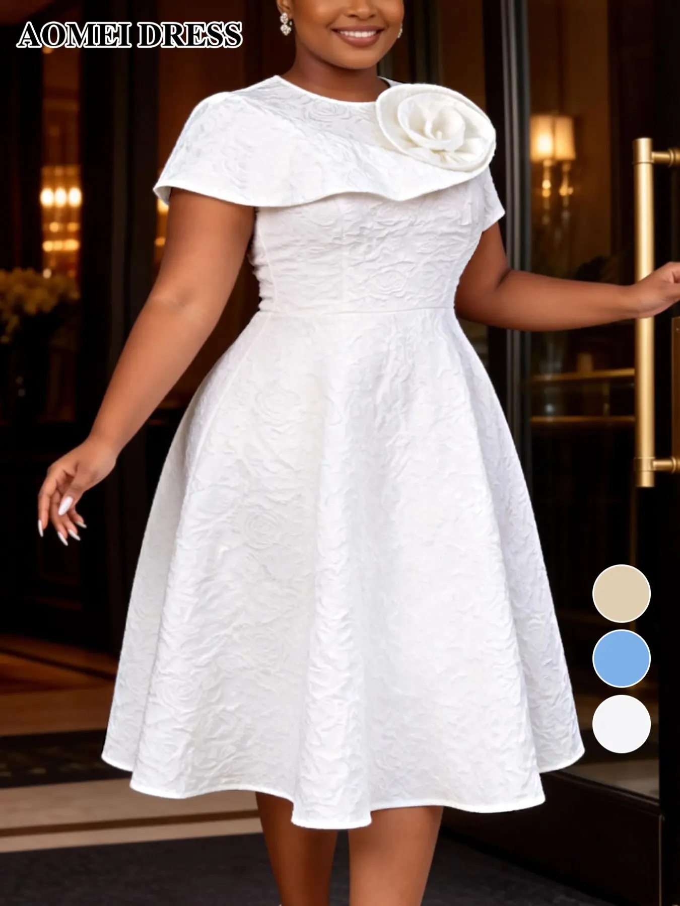 AOMEI DRESS Elegant A-Line Midi Dress, Jacquard Fabric Floral Design, High Waist Slimming, Perfect for Weddings and Formal Events