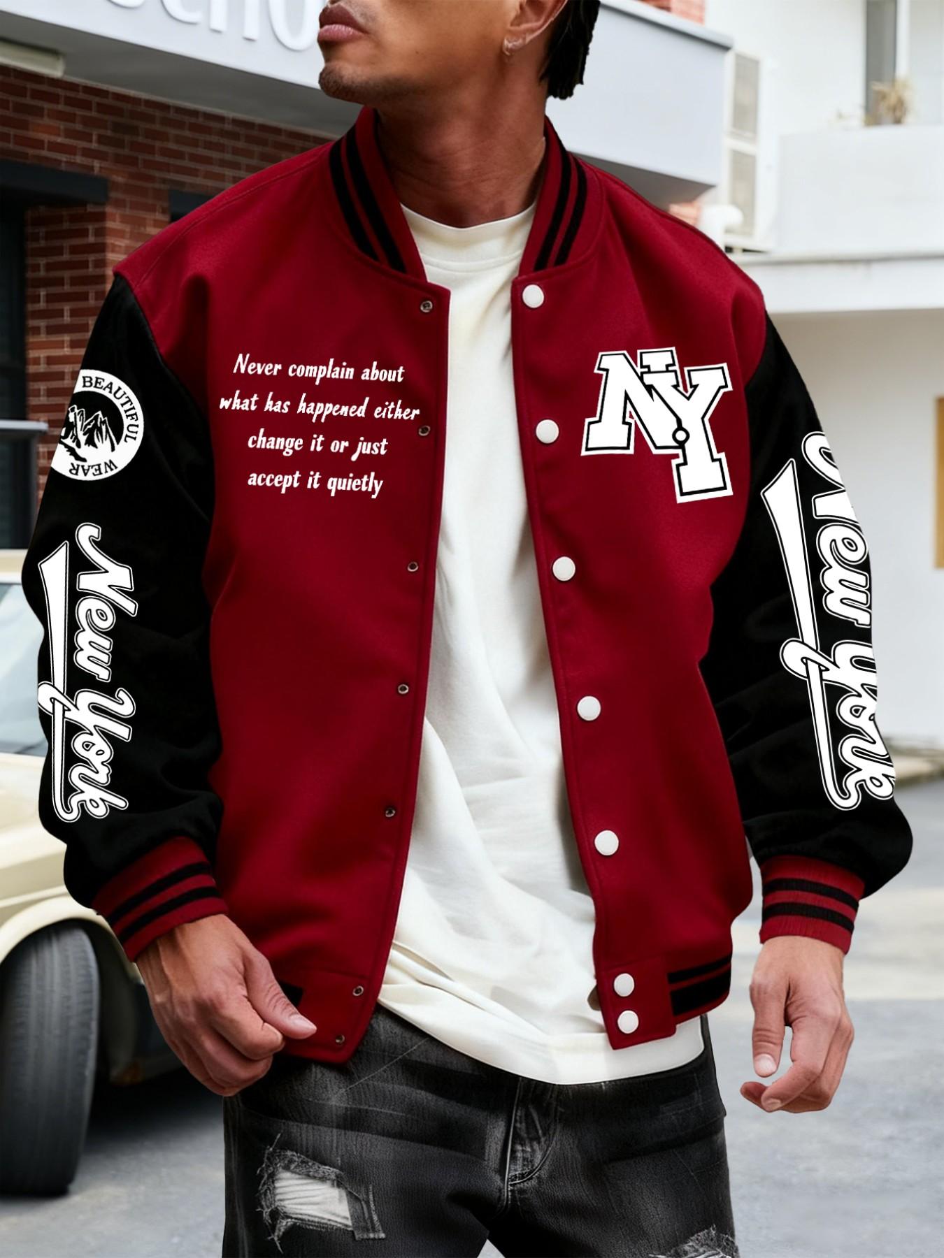 Trendy Baseball Jacket New York Style with Ny Letter Design, Colorblock Sleeves, Button Closure, Fitted Outerwear for All Seasons