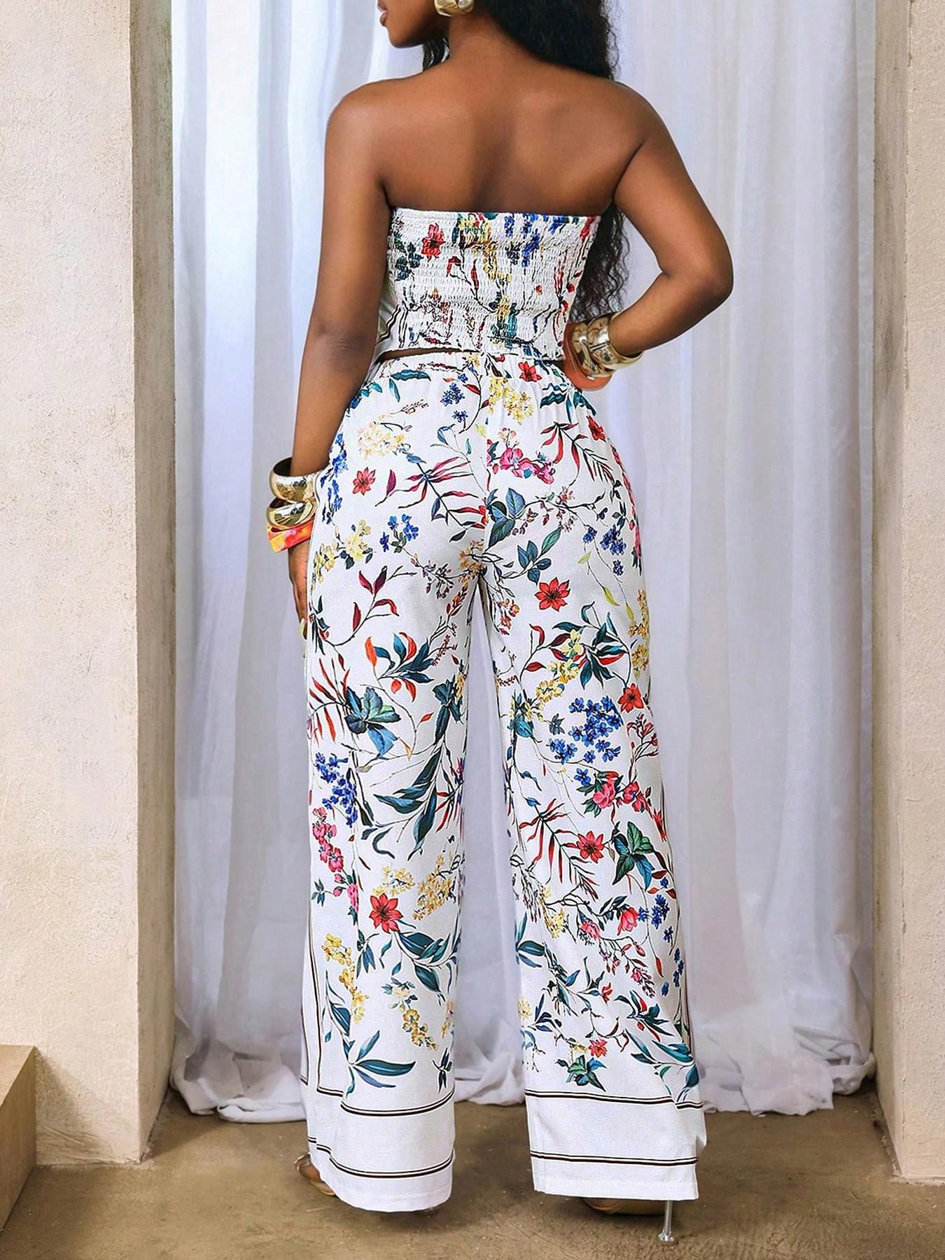 Women's 2-Piece Set Strapless Sleeveless Crop Top + Casual Long Pants, Floral Design, Essential for Daily Outings, Comfortable and Stylish