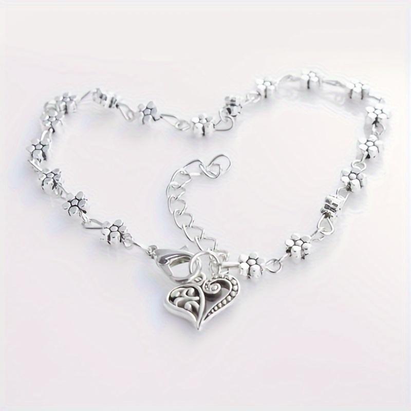 Women's Silvery Stainless Steel Bohemian Ankle Bracelet - Hollowed Plum Blossom Flowers, Love Heart Designs, Tassel Foot Chain - Casual Female Costume Jewelry for Birthday Gift, Beach Party