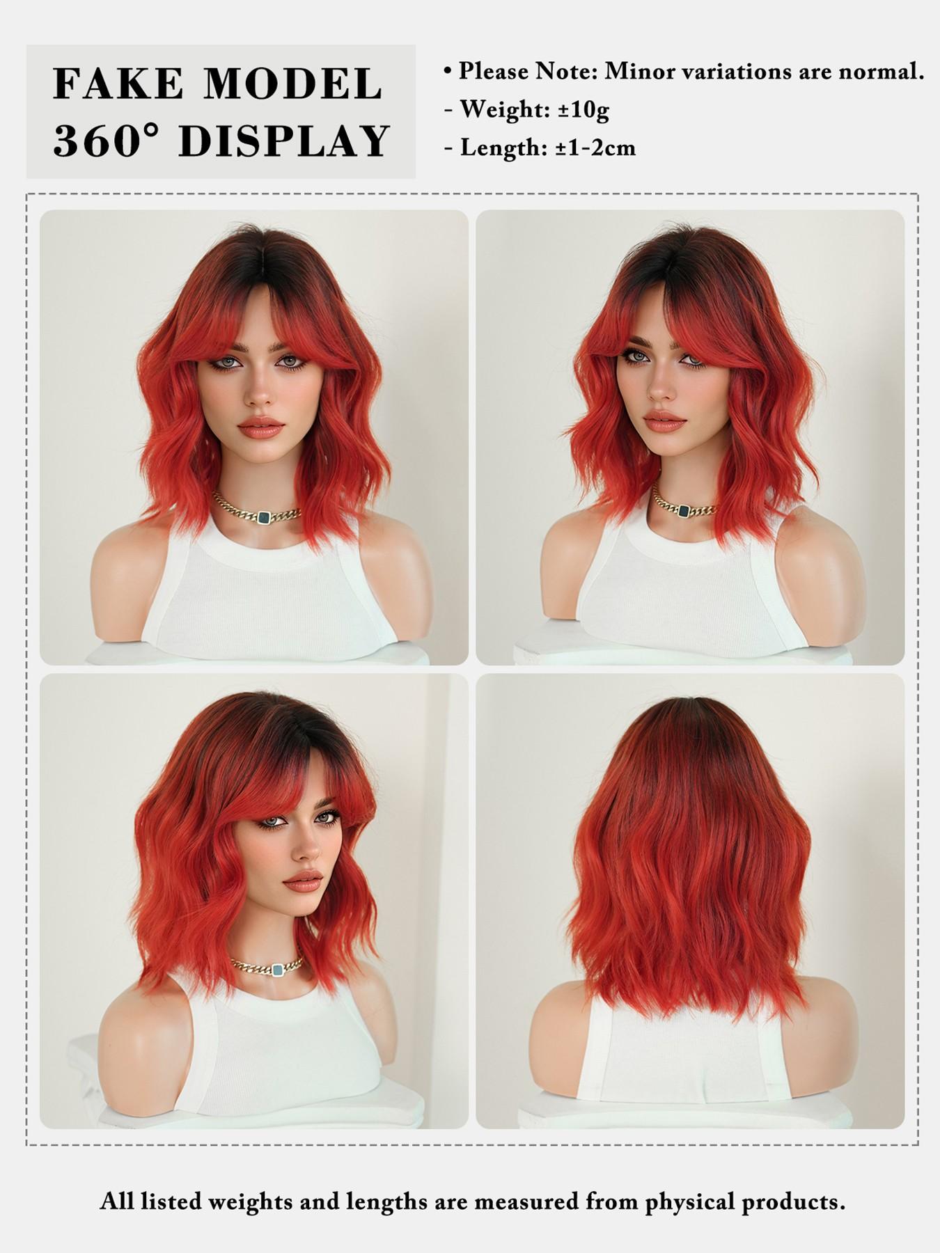 Short Wavy Ombre Red Wigs for Women 14 Inch Shoulder Length Bob Curly Middle Part Wigs with Dark Roots, Synthetic Heat-resistant Fiber Hair for Daily Cosplay, Role Play Wig, Party Use