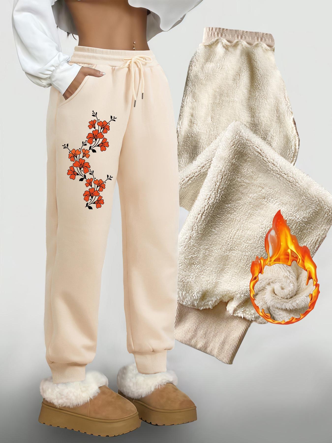 Women's Fleece Lined Long Pants, Floral Print, Drawstring Waist, Pockets, Casual Fall & Winter Wear, Warm Lamb Velvet Trousers
