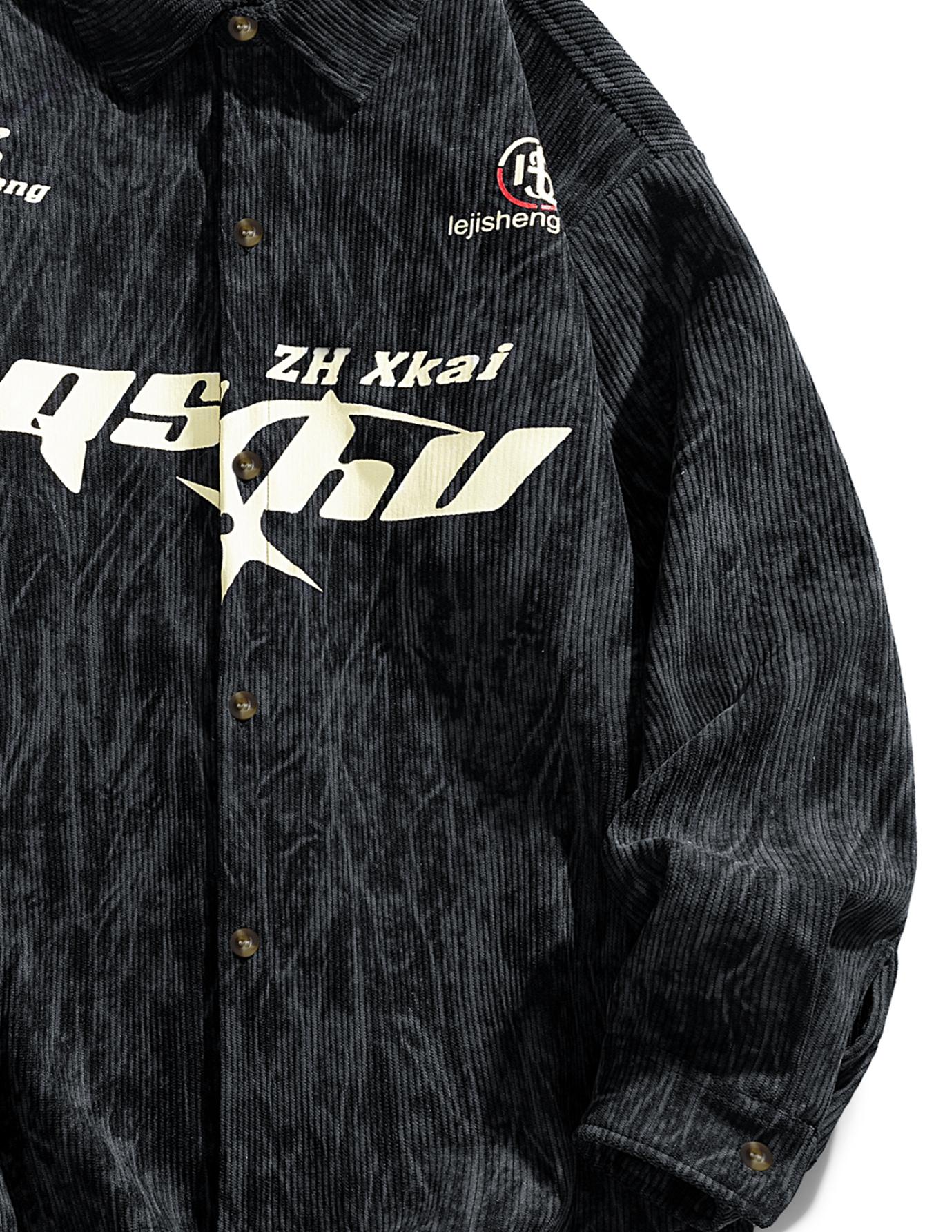 Shirt Jacket For Men American Vintage Casual Fashion Racing Style Letter Print Trendy Top