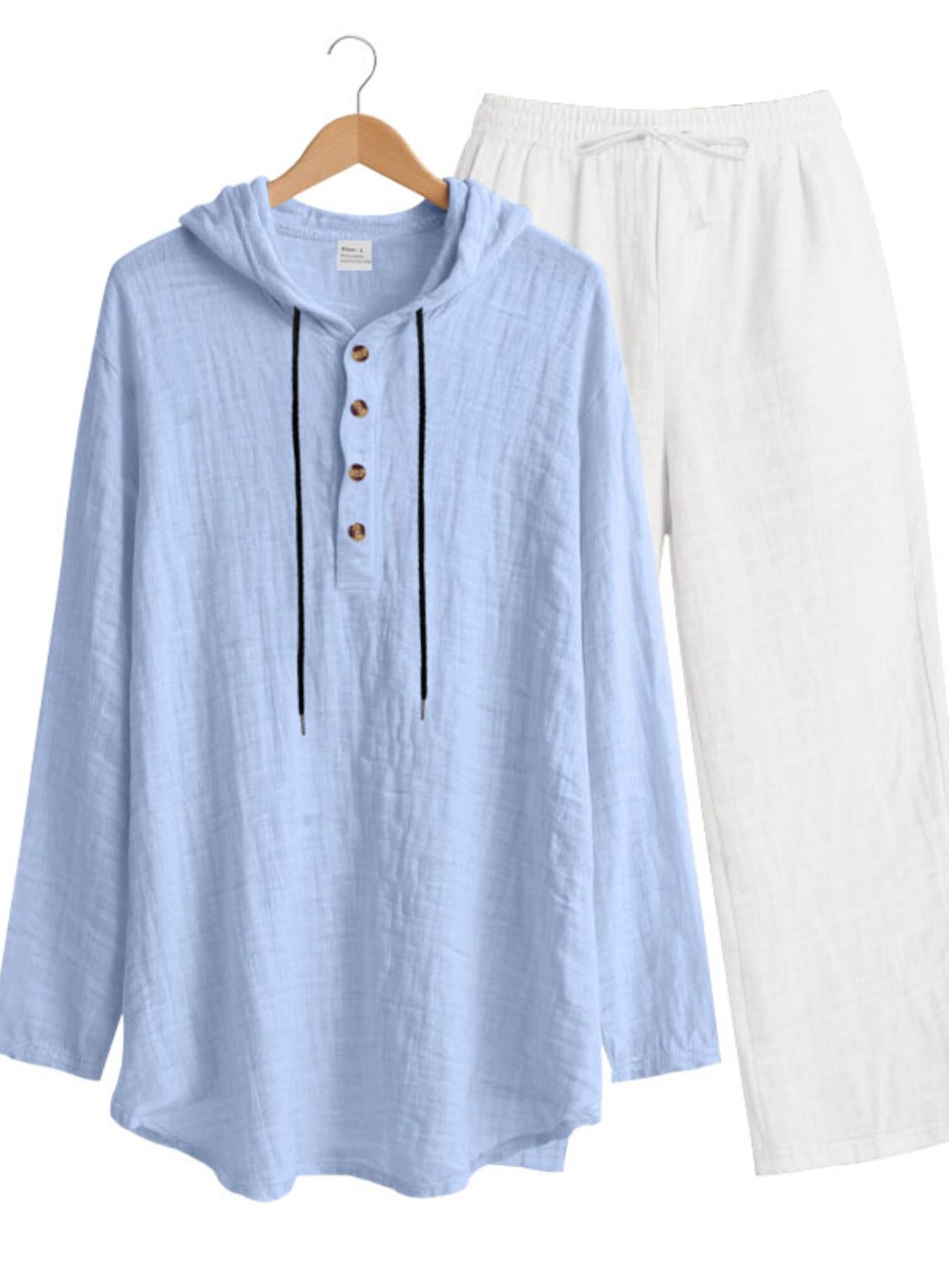 Men's Linen Set Spring Summer 2026, Beach Vacation Casual Style, Lightweight Breathable Hooded Shirt and Straight Leg Pants Two-Piece