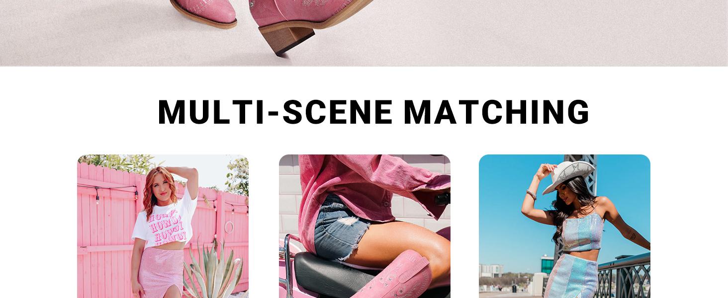 Pink Cowboy Boots for Women - Knee High Sparkly Rhinestone Boots, Retro Country Boots with Classic Embroidered, Pointed Toe Chunky Heel Pull on Vintage Botas, Christmas Gifts