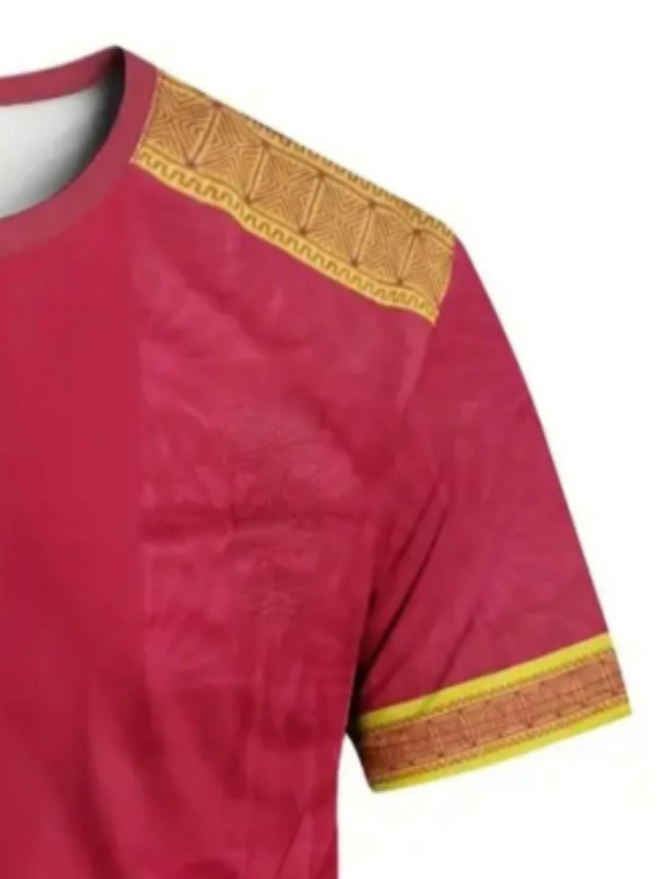 Men's Tribal Trim Sporty T-Shirt, Ethnic Style Round Neck Short Sleeve Top, Loose-Fitting All Seasons Clothing