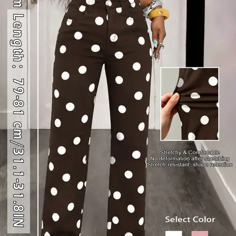 Fashion Women's Polka Dot Long Pants, High Waist Wide Leg Jeans, Oversized Loose-Fit Denim, Ankle Length, Casual All Seasons Wear