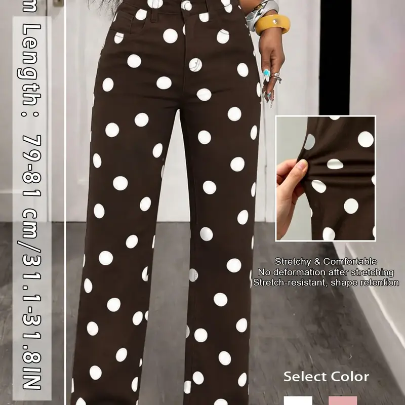 Fashion Women's Polka Dot Long Pants, High Waist Wide Leg Jeans, Oversized Loose-Fit Denim, Ankle Length, Casual All Seasons Wear