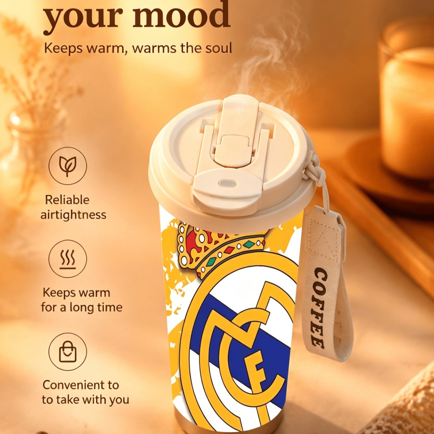 1pc Real Madrid Gold Blue Coffee Cup, 18oz Stainless Steel Insulated Double Wall Travel Mug, Dual Layer Heat Cold Preserve, Car Office Home Outdoor Camping