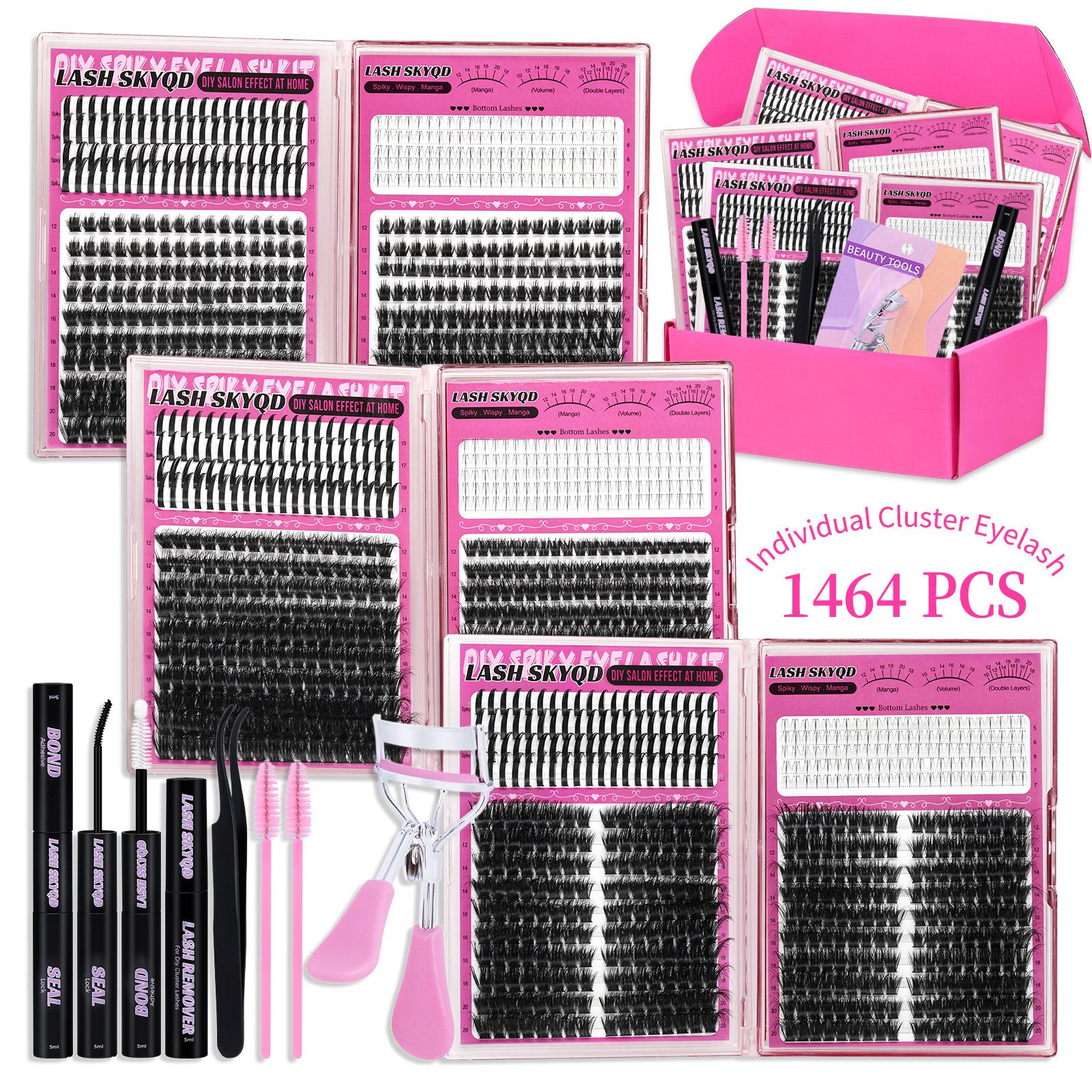LASH SKYQD Mix Lashes Clusters Kit Gift Packs 1464Pcs With Bond&Seal Remover Tweezers Eyelash Curler Lash Brush,Bottom/Spike/Mega/Cat Lashes 3D Effect False Eyelash DIY Individual Clusters Lash Kit Perfect for Beginners & Proficient, Eyelash Extension Kit