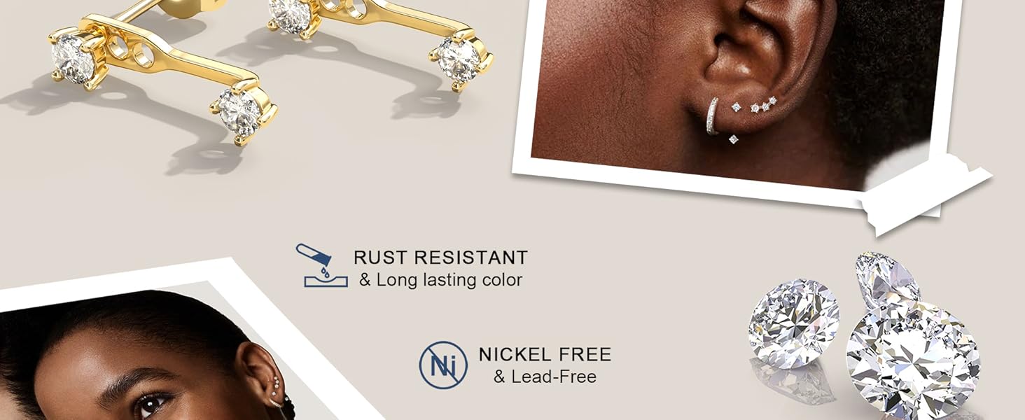 3 Pairs Silver Hypoallergenic Earrings for Women Trendy - 14K Gold Plated Stud Hoop Cartilage Earrings Set Small Earring Stacks for Sensitive Ears Non Tarnish Dainty Silver Earring