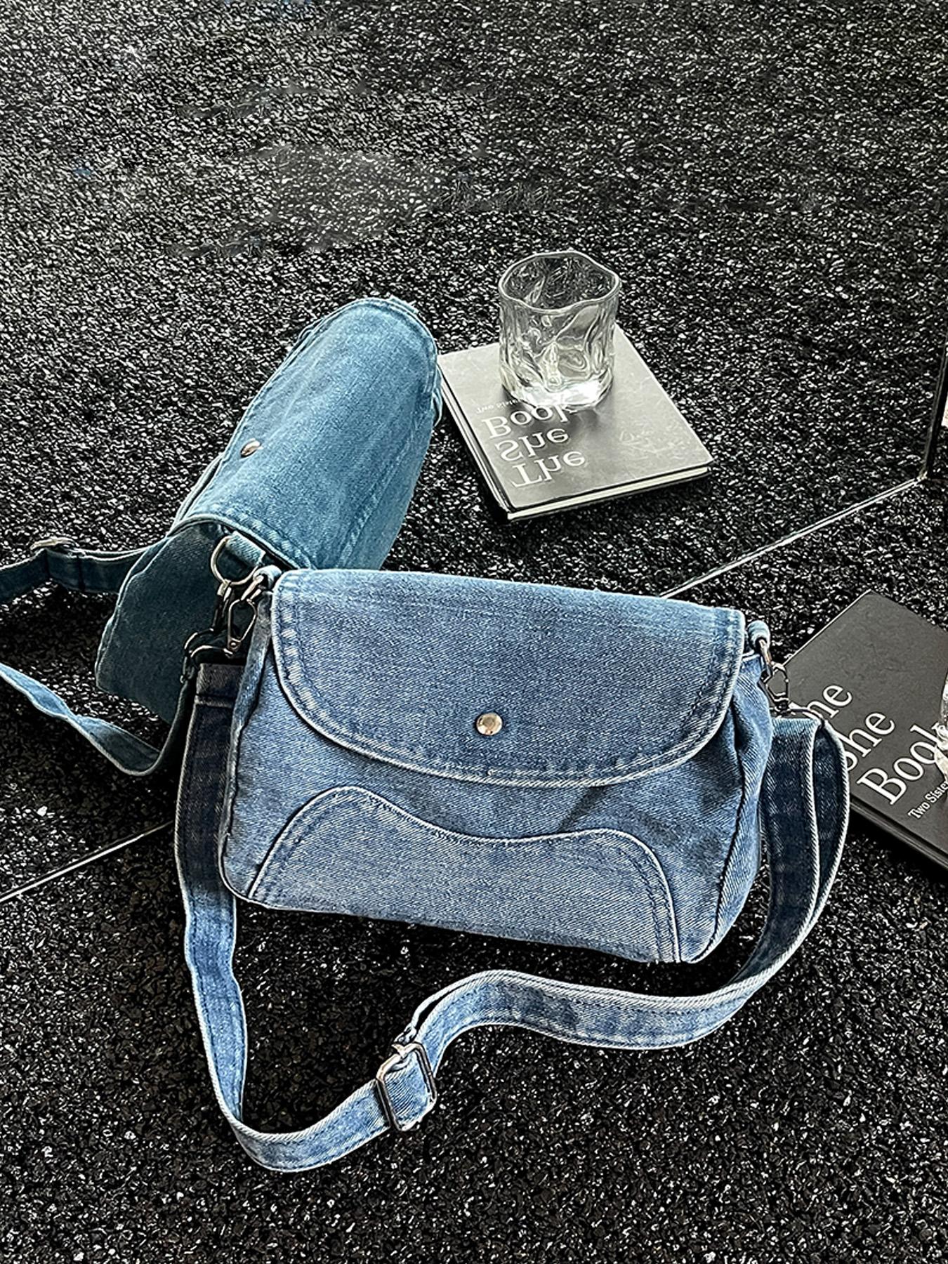 1pc Solid Black Washed Denim Saddle Crossbody Bag, Snap Button Flap Cover Adjustable Wide Shoulder Strap Retro Casual Shoulder Bag For OOTD Shooting, City Shopping, Cafe Hangouts, Weekend Trips, For Y2K Street‑style Fashion Women