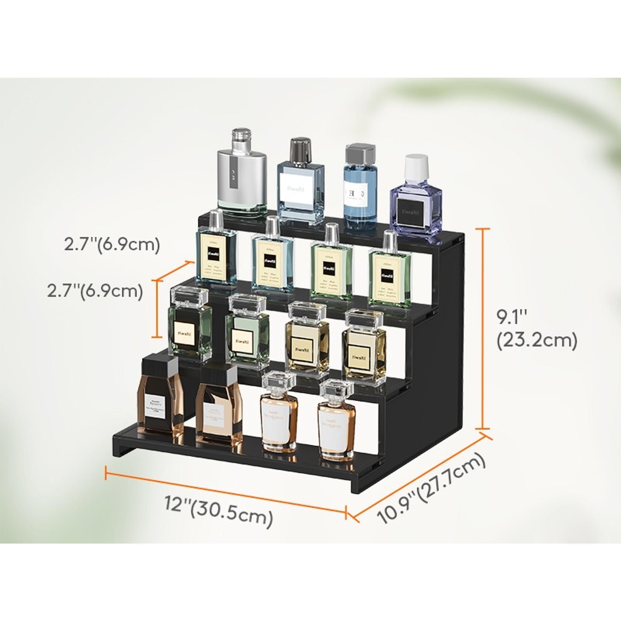 12" Plastic Perfume Organizer - 1-Piece Black Display Riser Shelf, Tool-Free Installation, for Makeup, Spice, Bedroom Counter Indoor Furniture Storage Decor 12" Plastic Perfume Organizer - 1-Piece Black Display Riser Shelf, Tool-Free Installation, for Makeup, Spice, Bedroom Counter Indoor Furniture Storage Decor