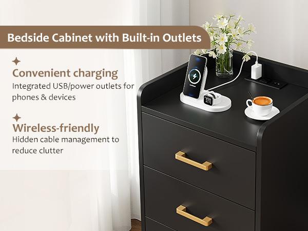 FOTOSOK Nightstands Set of 2 Black Nightstand with Charging Station, 3 Drawer Nightstand with Gold Handles, Side Table for Home Office FOTOSOK Nightstands Set of 2 Black Nightstand with Charging Station, 3 Drawer Nightstand with Gold Handles, Side Table for Home Office