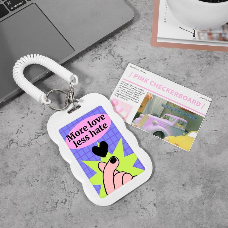 Photo card holder, transparent photo card holder keychain, ID card holder, bus credit card bank card holder, student card photo protector, clear id badge holder (wavy white)