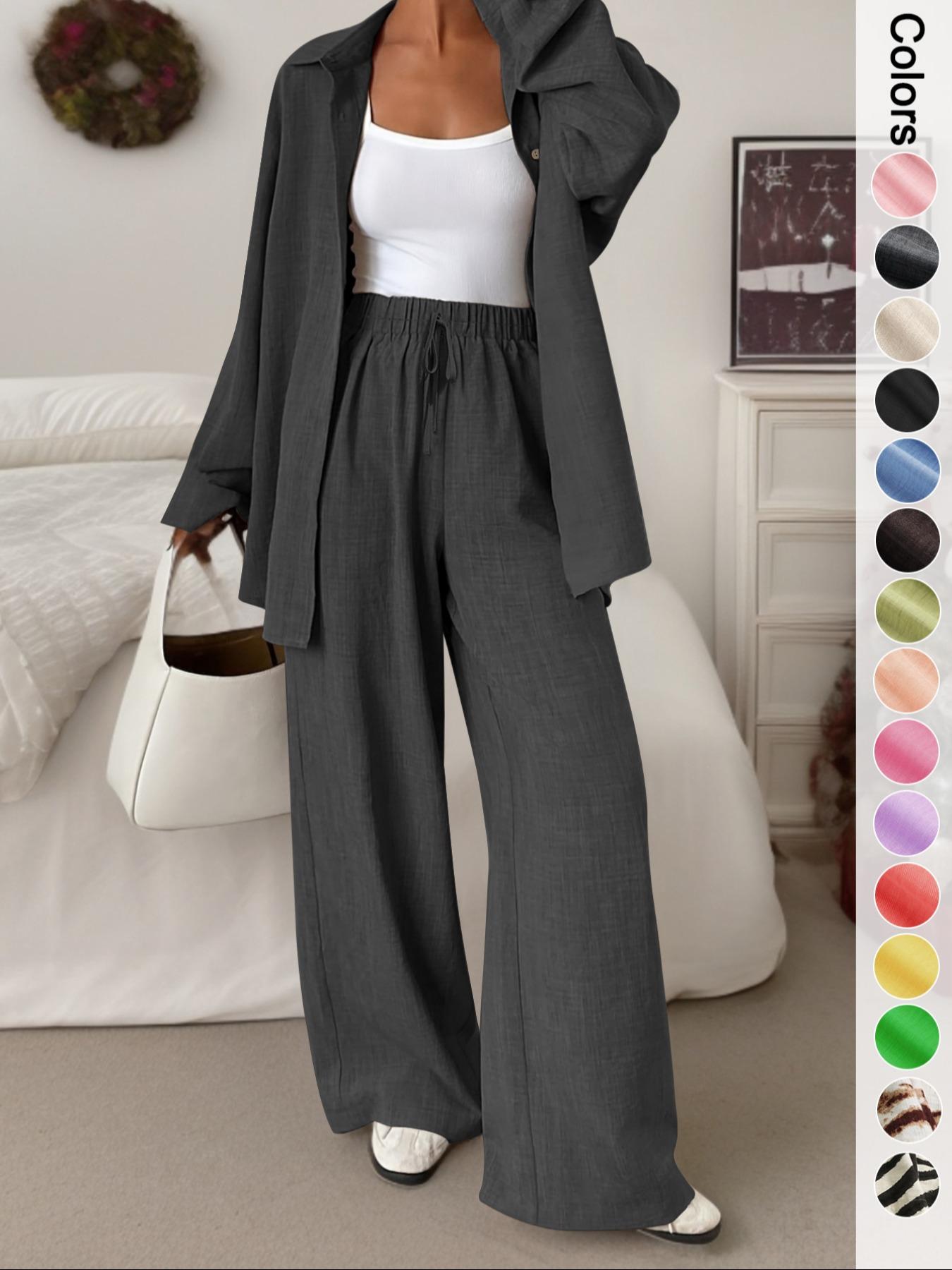 Women's Casual Sporty Shirt Long Pants Set, Loose Button-Up Top Wide Leg Pants Two-Piece Set, Comfortable and Stylish
