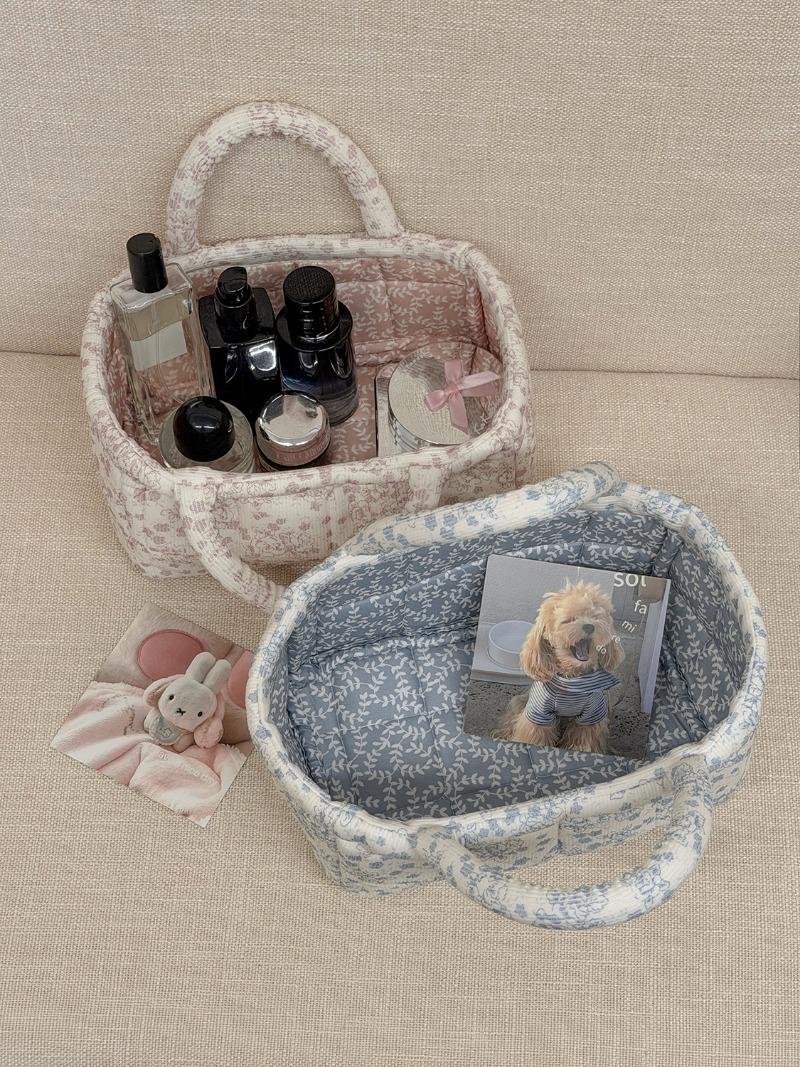 Flannel Peony Storage Basket, Floral Quilted Handheld Organizer, Desktop Living Room Bedroom Sorter, Cosmetic Bags