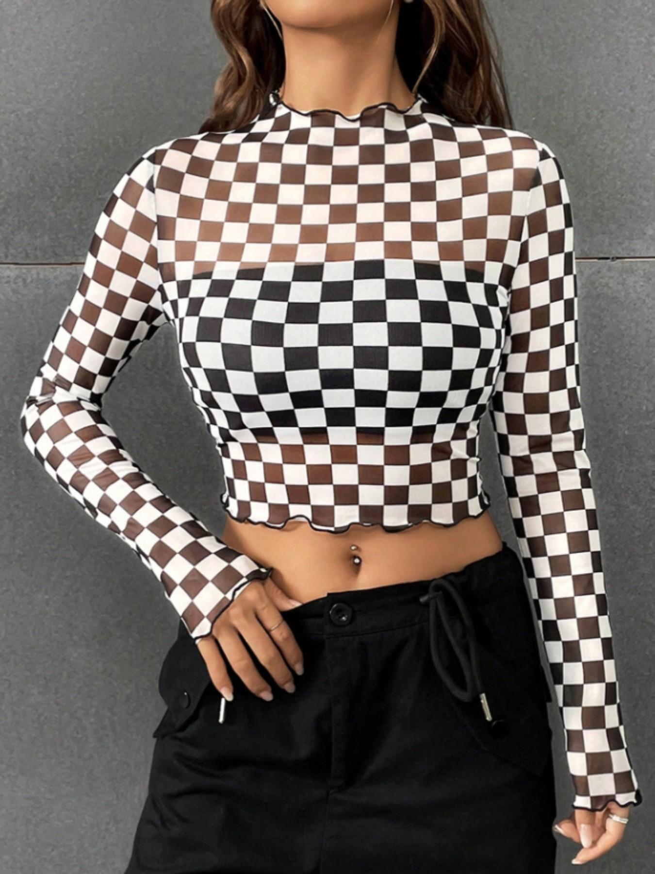 Women's & Plaid Long Sleeve Top, New Style Slim Fit Short Shirt, Casual Inner Layer, Fashionable Chessboard Pattern Tee