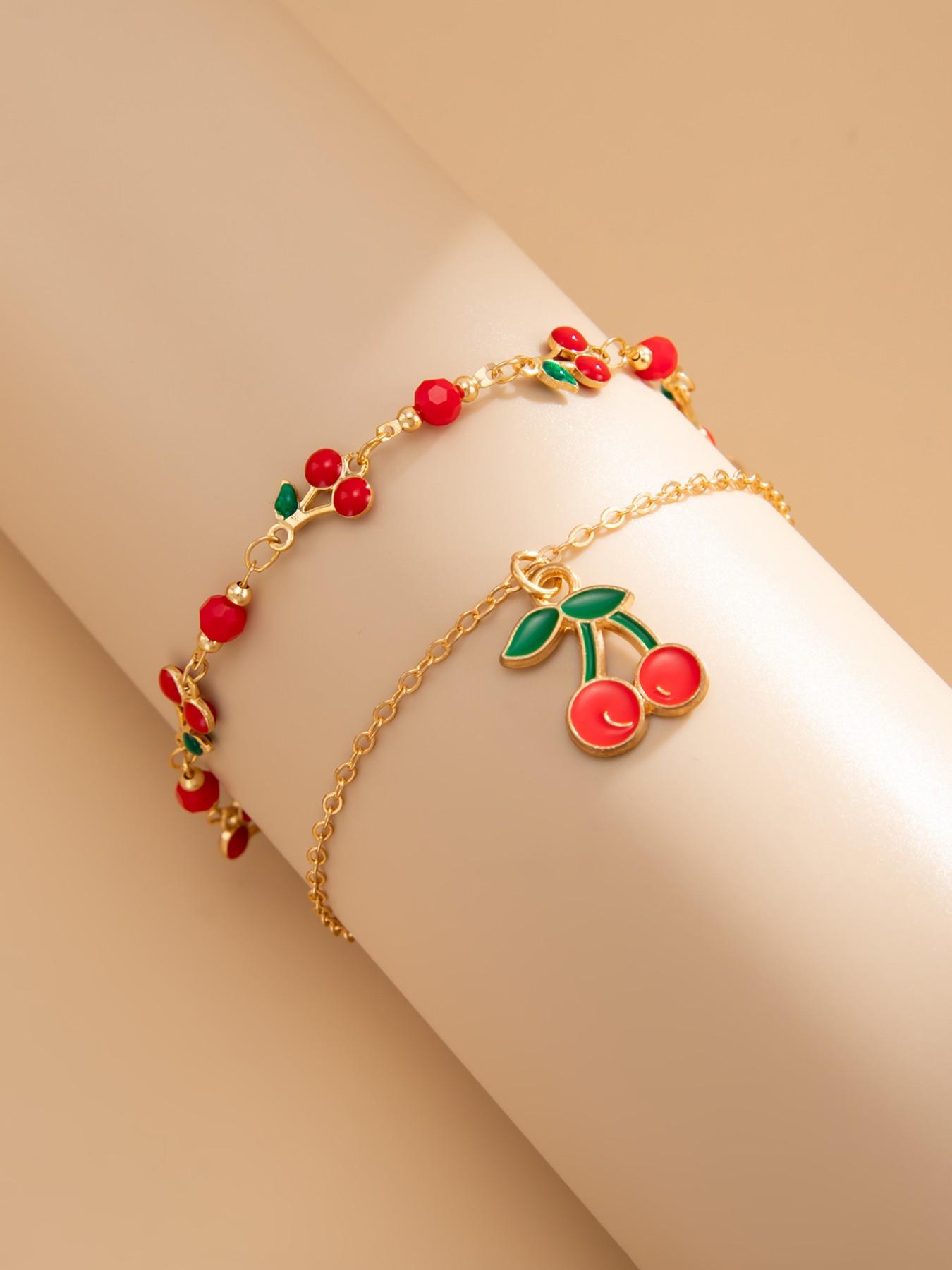 Beaded Multi-Layer Anklet Set, Cherry Design, Cute Style, Zinc Alloy Material, Spring Summer Fashion Accessory