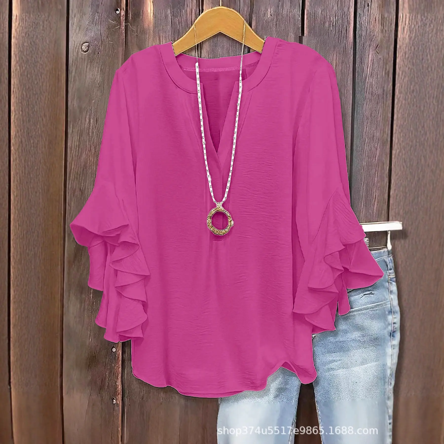 Plus Size Women's Ruffled Sleeve V-Neck Shirt Blouse Tops, Elegant Floral Design, Comfortable and Stylish, Perfect for Everyday Casual Wear