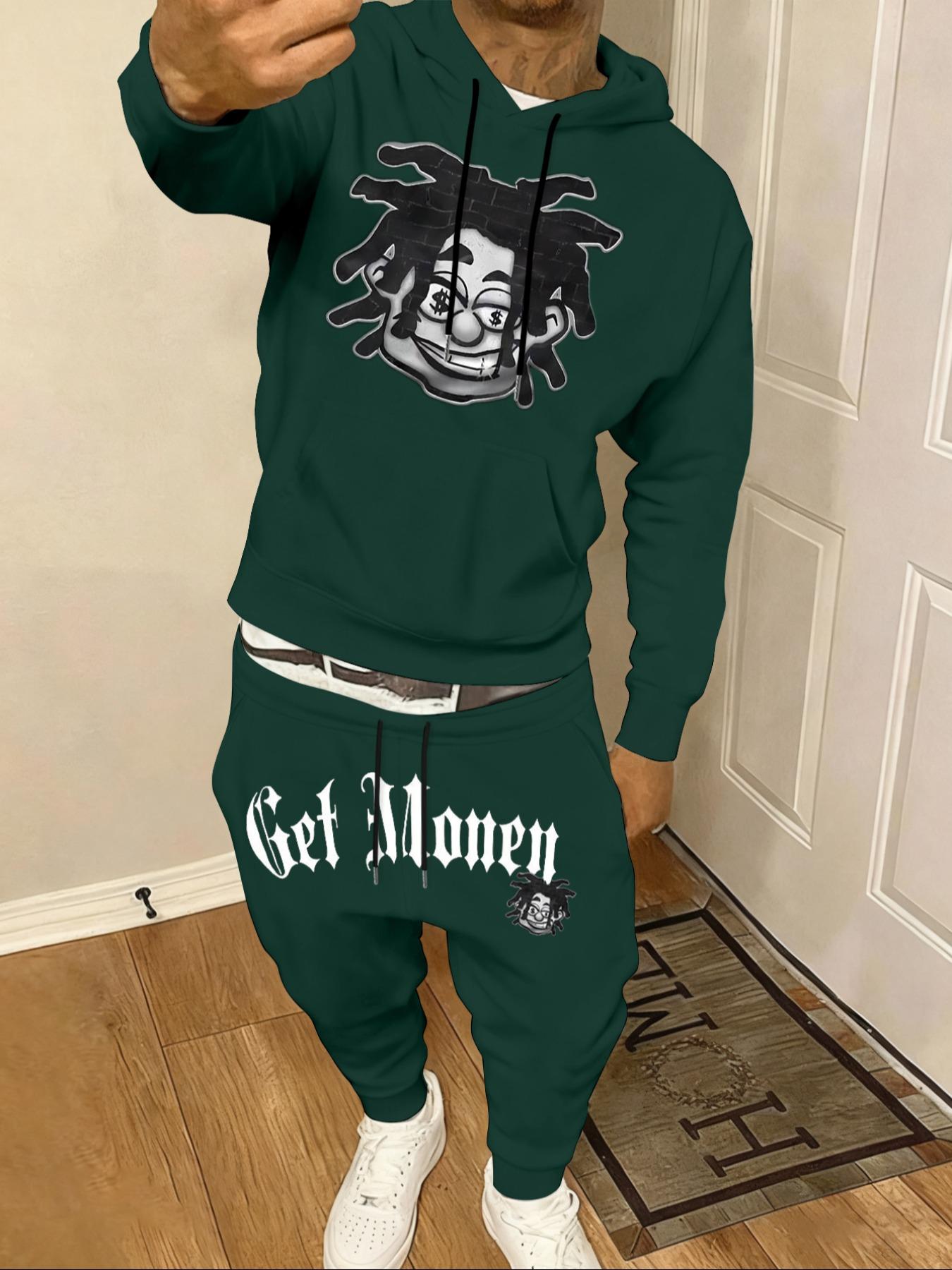 YYT1 Men's 2-Piece Fall Winter Casual Graphic Sweatshirt Set (Menswear Casual Wear), Hooded Long-Sleeve Letter Print Top + Drawstring Waist Pants, Thick Fitted Sports & Outdoor Outfit, Letter Prints