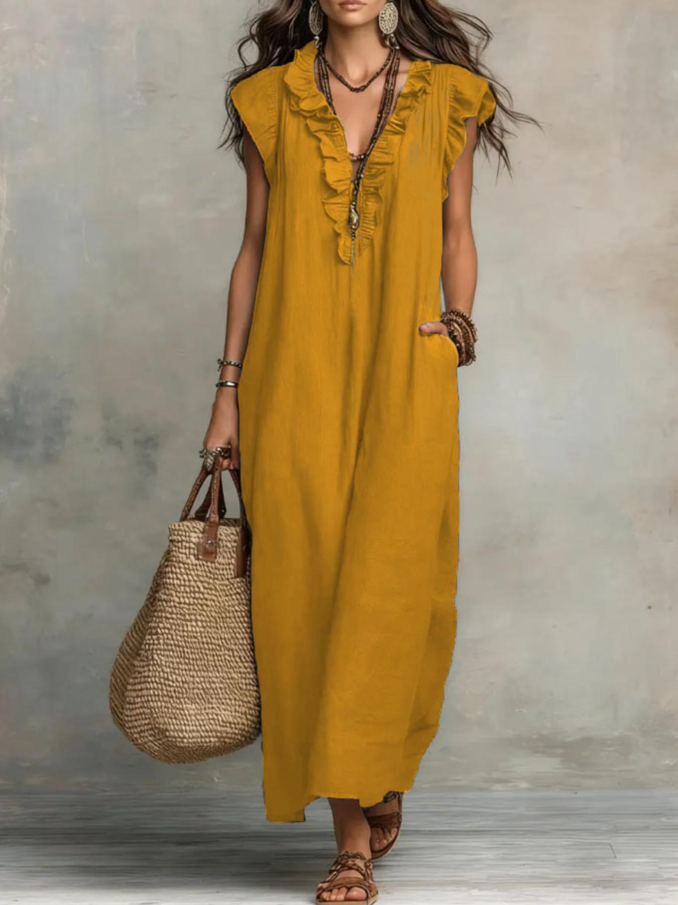 2026 Summer New Bohemian Long Dress, V Neck Ruffle Holiday Long Dress, Stylish and Comfortable, Perfect for Warm Weather