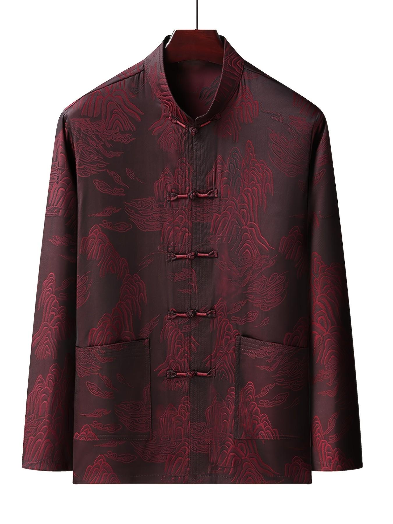 Luxurious Oriental Stand Collar Shirt, Chinese Style Wine Landscape Embossed Jacquard, Men's Formal Tang Suit Outerwear, Traditional Clothing, Menswear