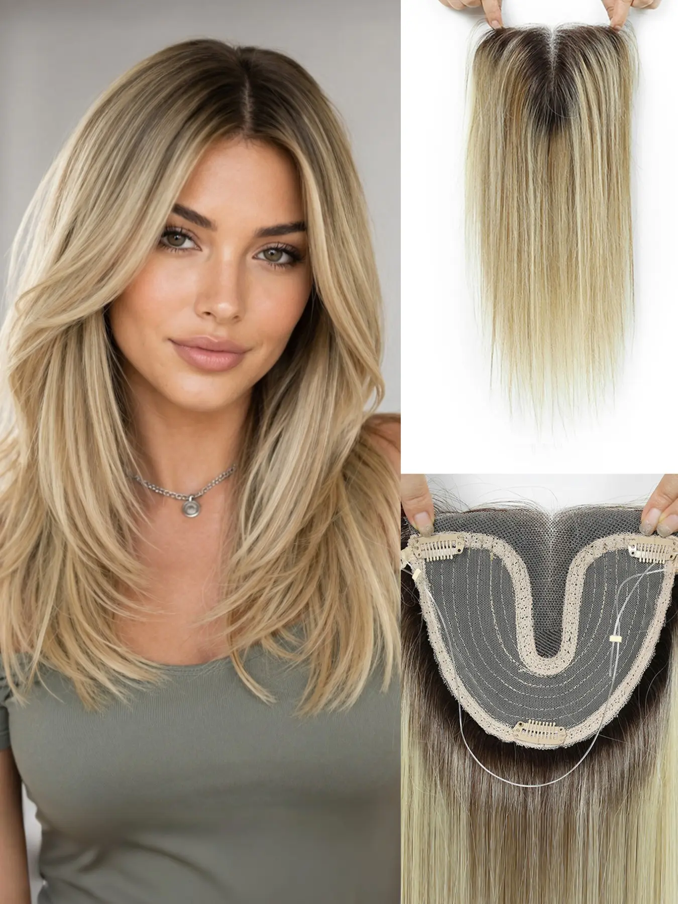 14 Inch Human Hair Topper for Women, Dark Root Balayage Blonde Lace Hairpiece with Clips, Breathable Natural Straight Crown Topper for Thinning Hair