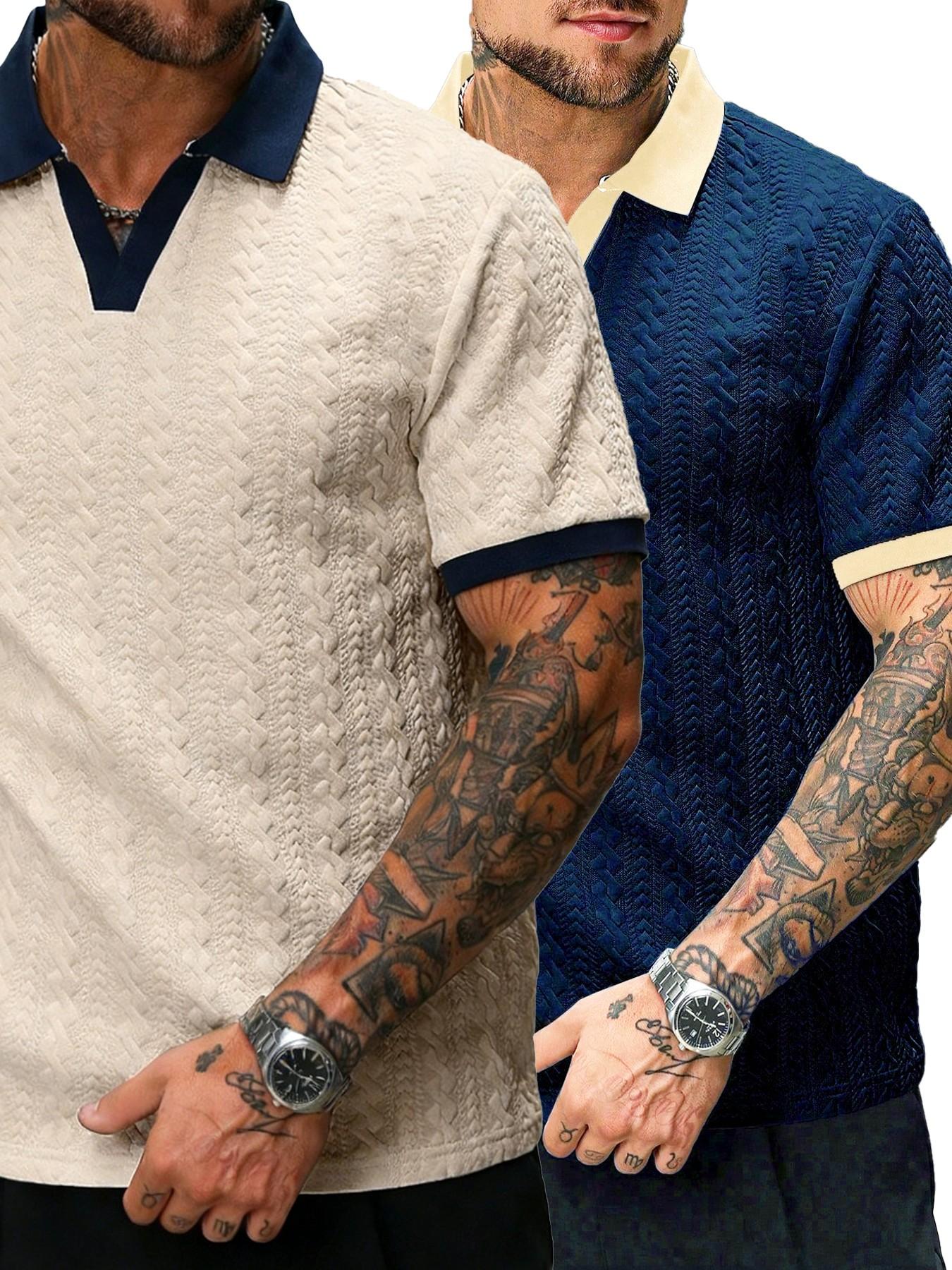 Men's Retro Colorblock Polo Shirt, Textured V Neck Short Sleeve Top, Casual Street Style, Summer Fashion, Fitted Leisurewear Men's Retro Colorblock Polo Shirt, Textured V Neck Short Sleeve Top, Casual Street Style, Summer Fashion, Fitted Leisurewear