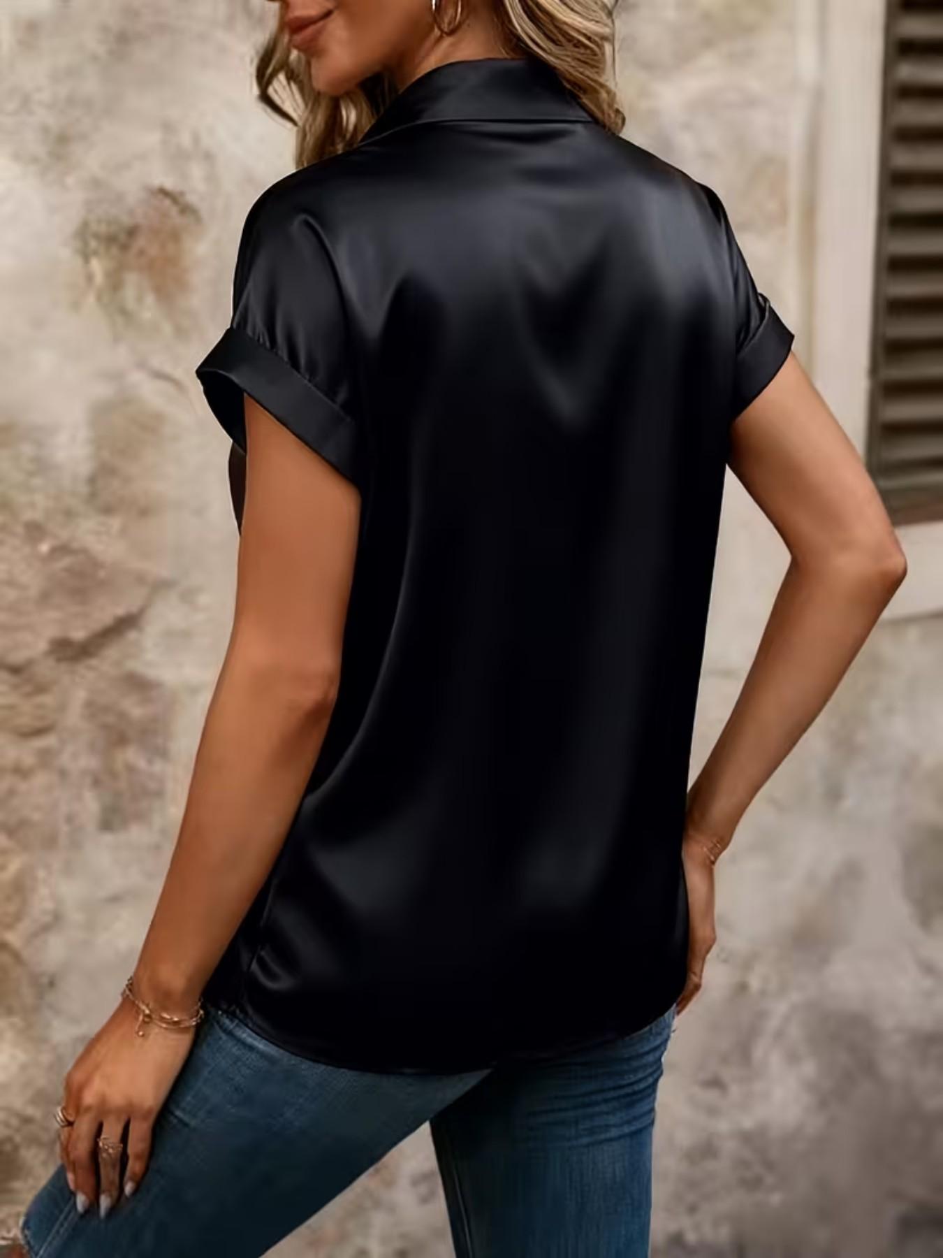 Women's Simple Commuter Style Short Sleeve Satin Shirt, Fashionable Solid Color Top with Drop Shoulder Design, Elegant Women's Blouse for Daily Wear