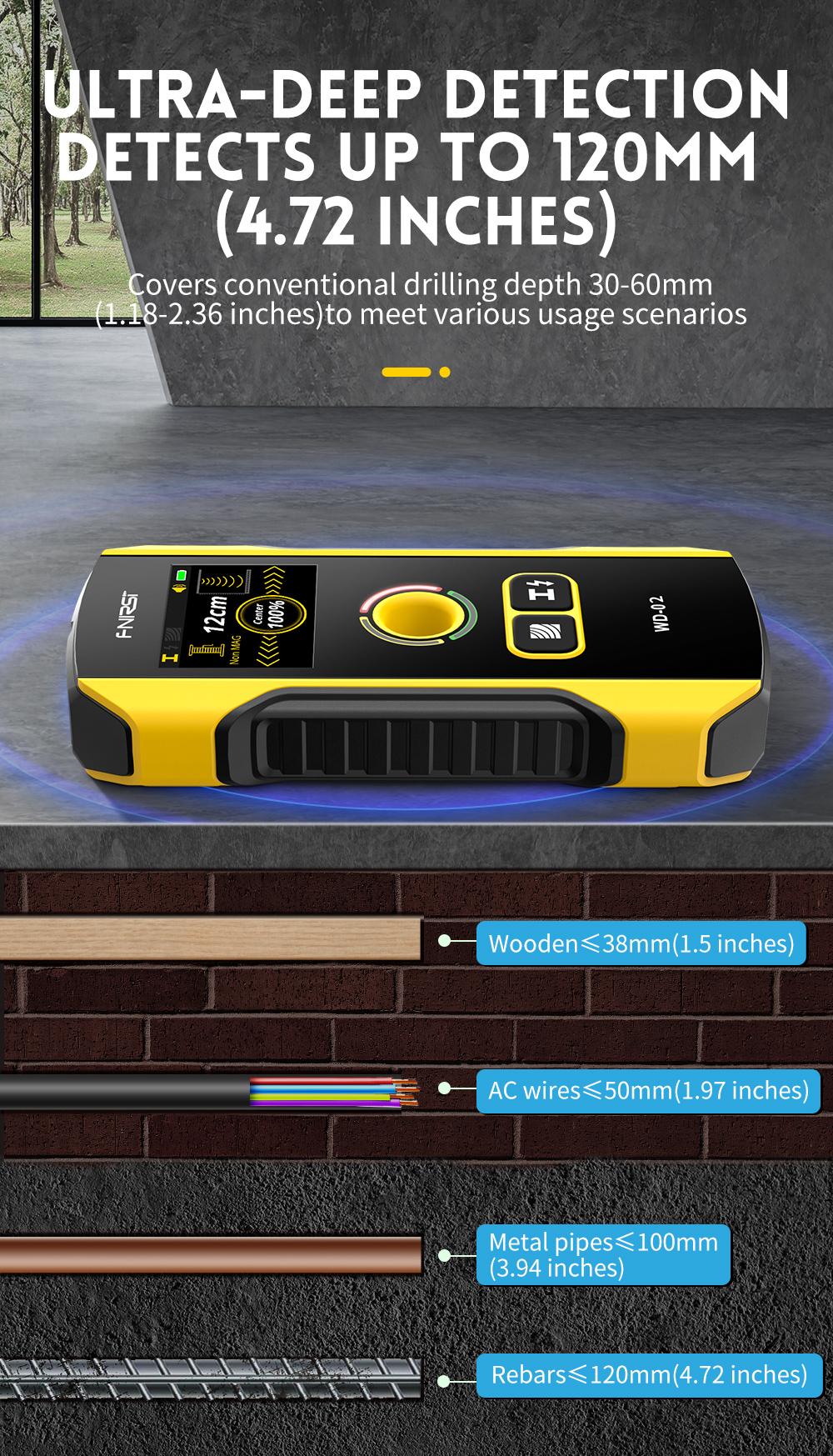 FNIRSI WD-02 Wall Detector Stud Finder Portable Precise Positioning TFT Display AC Live Cable Wires Metal Wood Stud Wall Scanner Tool Hardware with Clear Depth Gauge and Audible Alerts