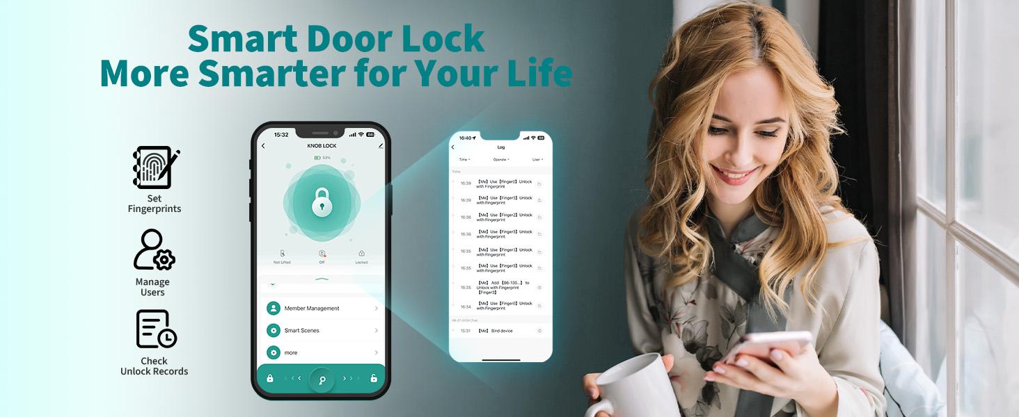 Valentine's Day Gift EuerTE Smart Lock Fingerprint Door Knob with App Control Key Type-C Port Emergency Charging Biometric Lock for Front Door Home Apartment Office FathersDayGift