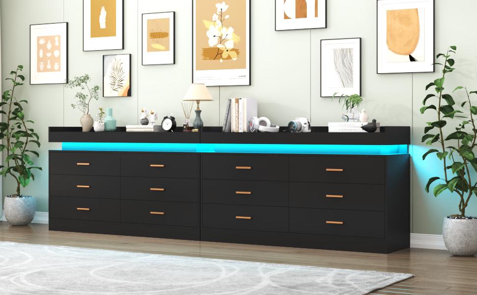 6 Drawer Dresser with LED Light, Modern Chest of Drawers for Closet, Wide Drawer Organizer Cabinet for Bedroom, Living Room, Entryway, Hallway