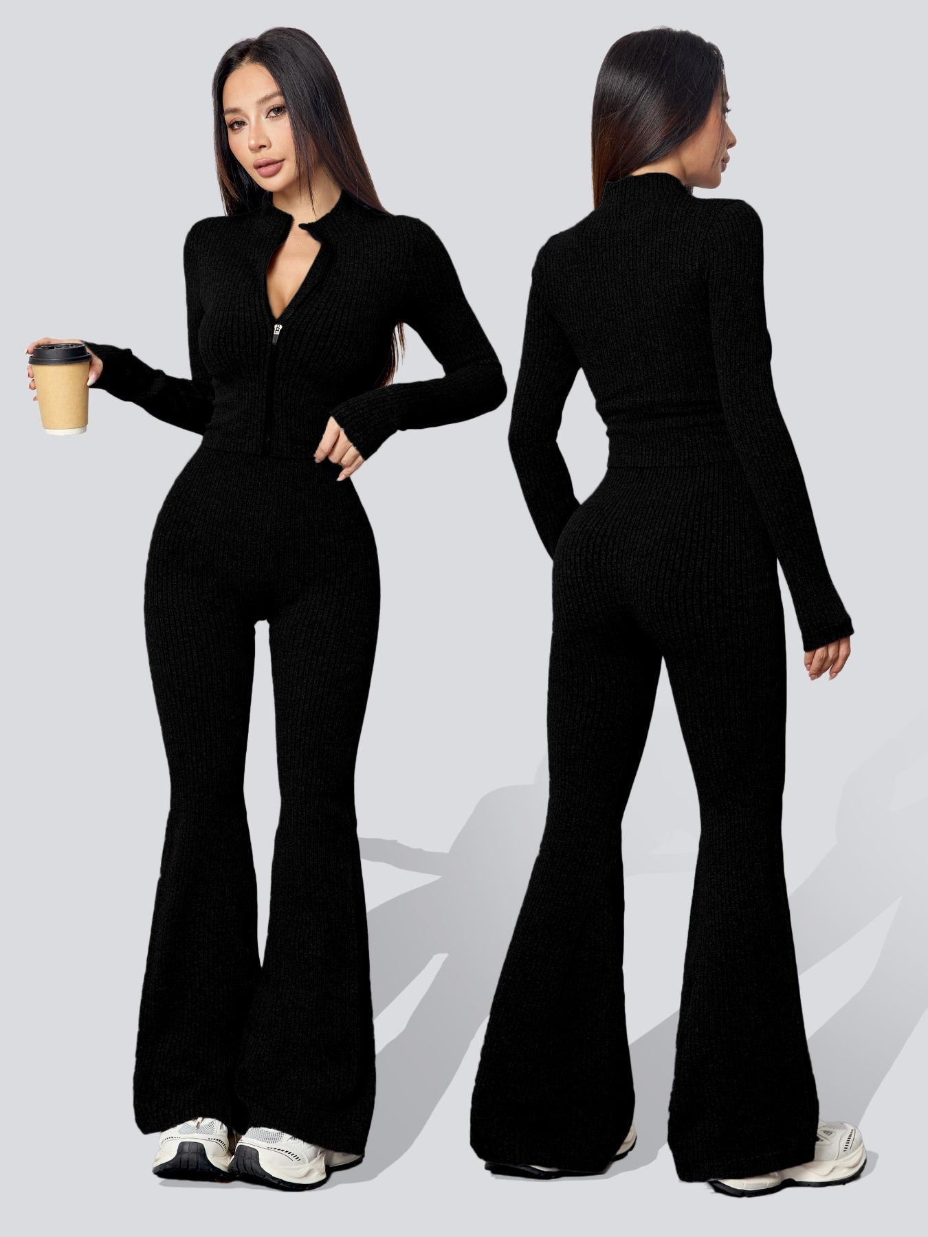 Women's Two-Piece Set, Fall & Winter Knit Plaid Jacket with Zipper, High-Waisted Leggings, Casual Fitted Yoga, Sweatsuit Outfits