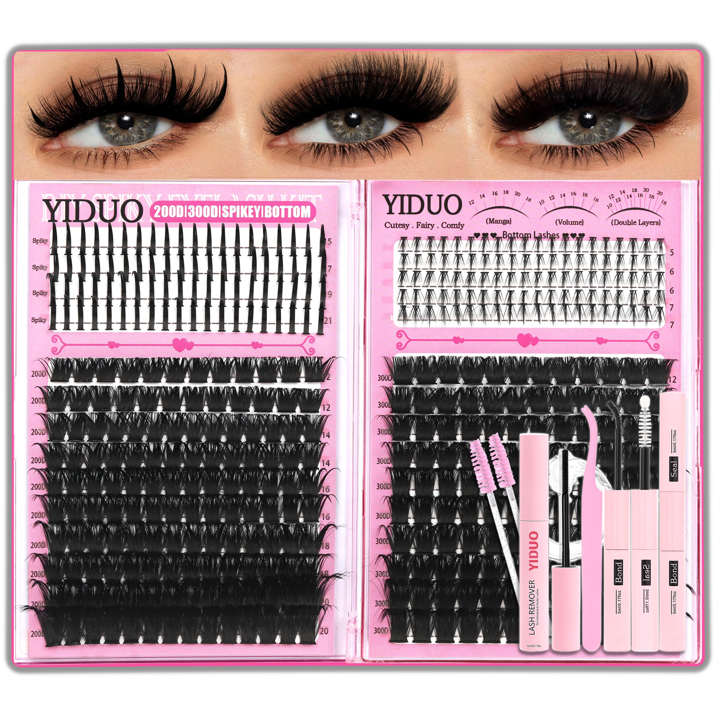 420Pcs Eyelash Cluster Kit Bottom/Spiky/200D/300D Volume Lash Clusters Kit 5-20mm Volume D-Curly Eyelash Extensions Kit with Lash Bond and Seal Tweezers Remover Eyelash Glue Tweezers DIY at Home Easily