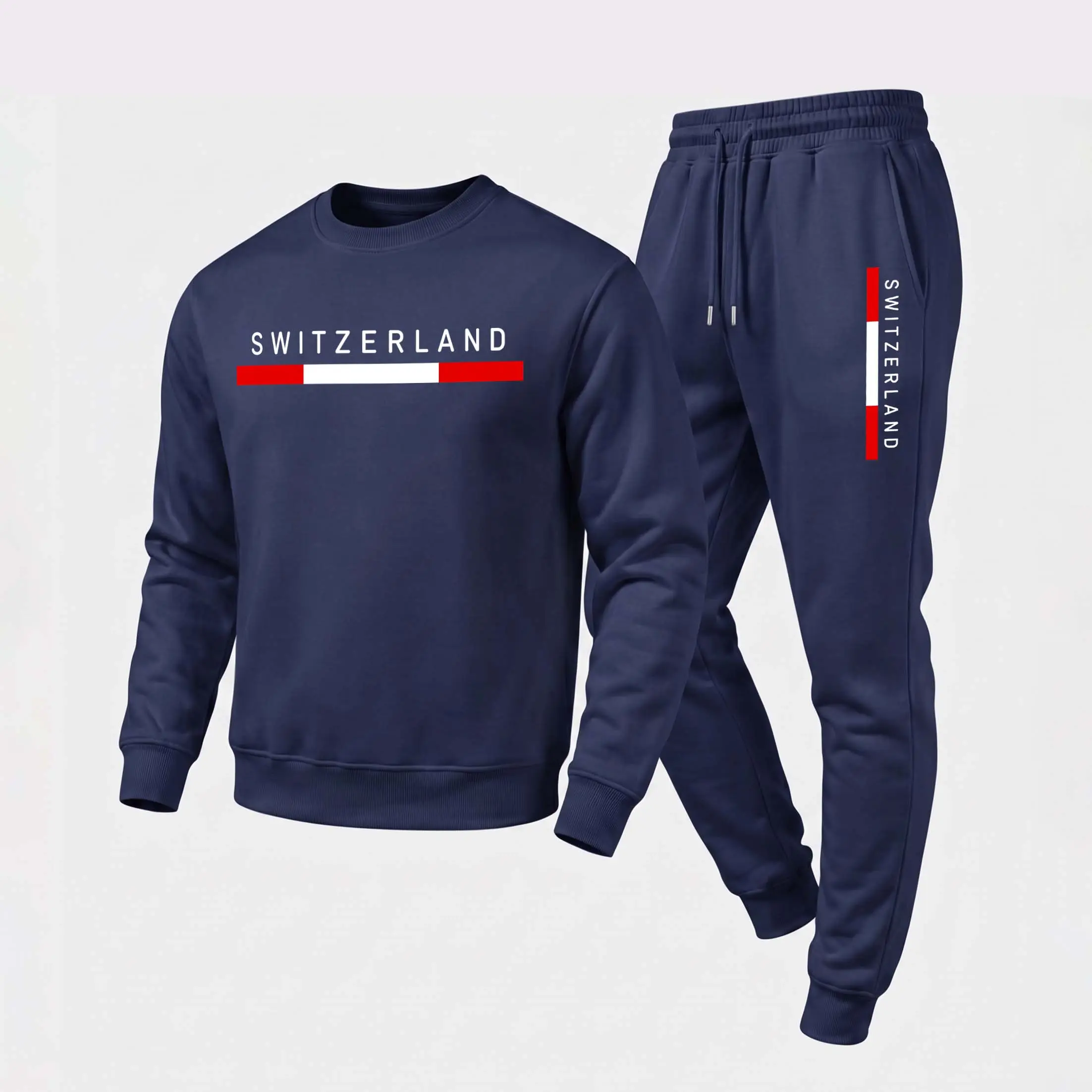 Men's 2-Piece Minimalist Switzerland Graphic Crewneck Hoodie & Loose Jogger Pants Set, Casual Long-Sleeve Menswear Pullover with Drawstring Sweatpants, Fall Winter Tracksuit for Day Wear, Lounge, Workout, Round Neck