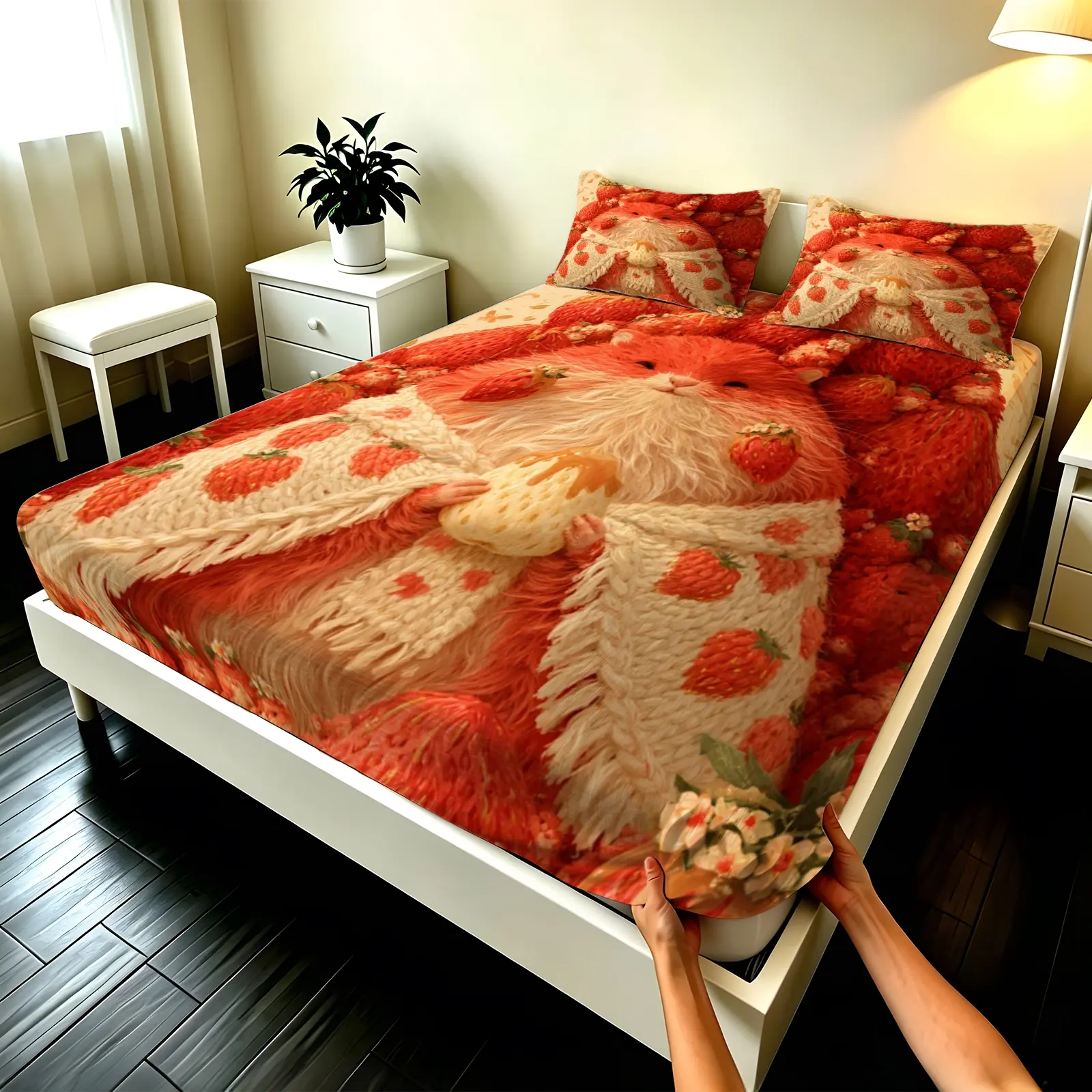 3pcs Bedsheets Set Fitted sheet Strawberry Printed Viral TikTok Soft Fleece Fitted Sheet Set with Pillowcases, Breathable Wrinkle Resistant Fade Proof Ultra Soft Bedding for Bedroom Guest Room Dorm, Fit Twin Full Queen King Size