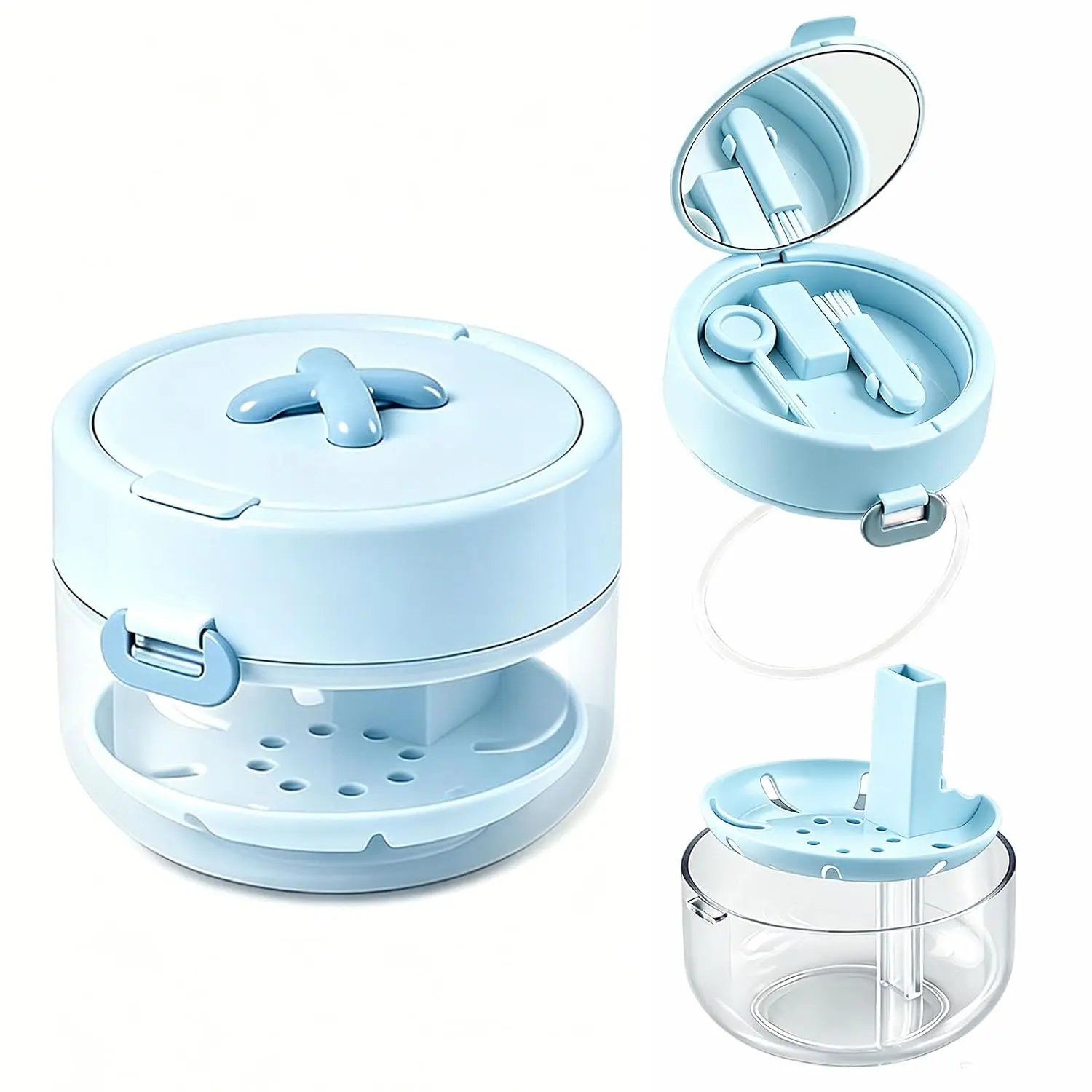 Retainer Cleaner Case with Auto-Lifting Strainer, Blue | Leak proof aligner bath cup with automatic lifting strainer basket, denture case with mirror, brush and cleaning tool
