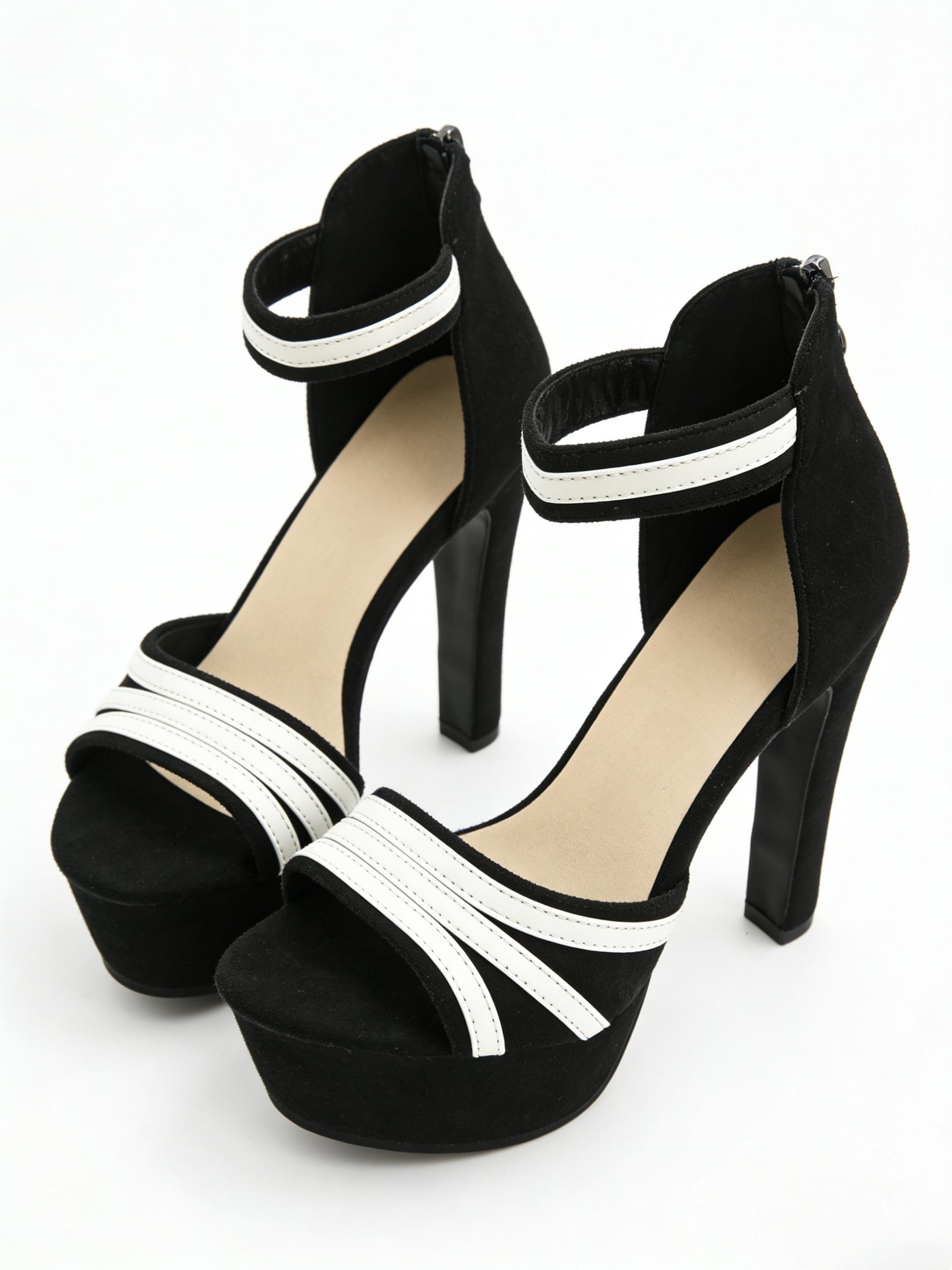Black Velvet Platform Heels for Women | Contrast Strap Ankle Strap Sandals | Non-Slip Comfy Dress Heels for Party Club