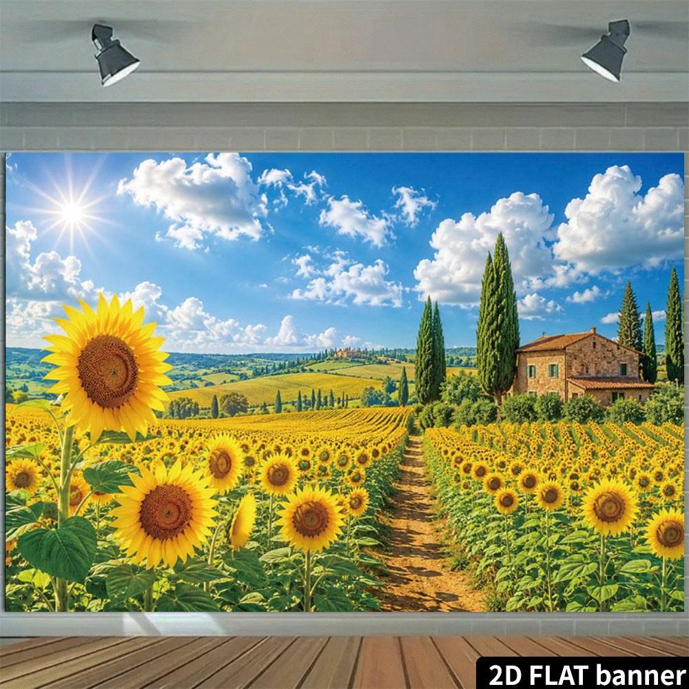 Tuscany Sunflower Field 2D Flat Banner | Rustic Countryside Landscape Backdrop | Single-Sided Polyester | Metal Grommets for Easy Hanging