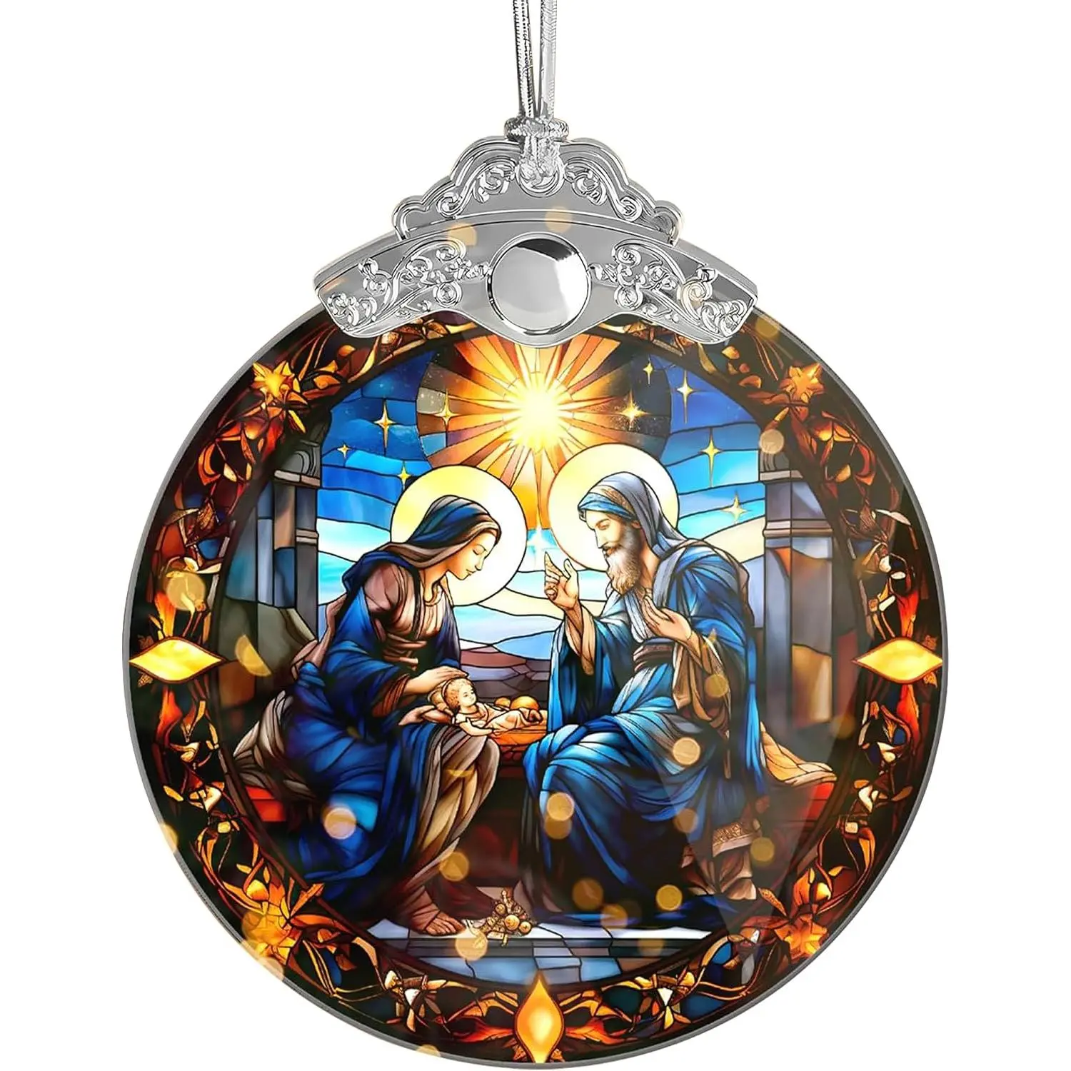 Nativity Ornaments, Stained Glass Effections, Nativity Scene 4 Inch  Ornament Art, White Elephant Gifts, Nativity Christmas Ornaments, Christmas Decor (Nativity)