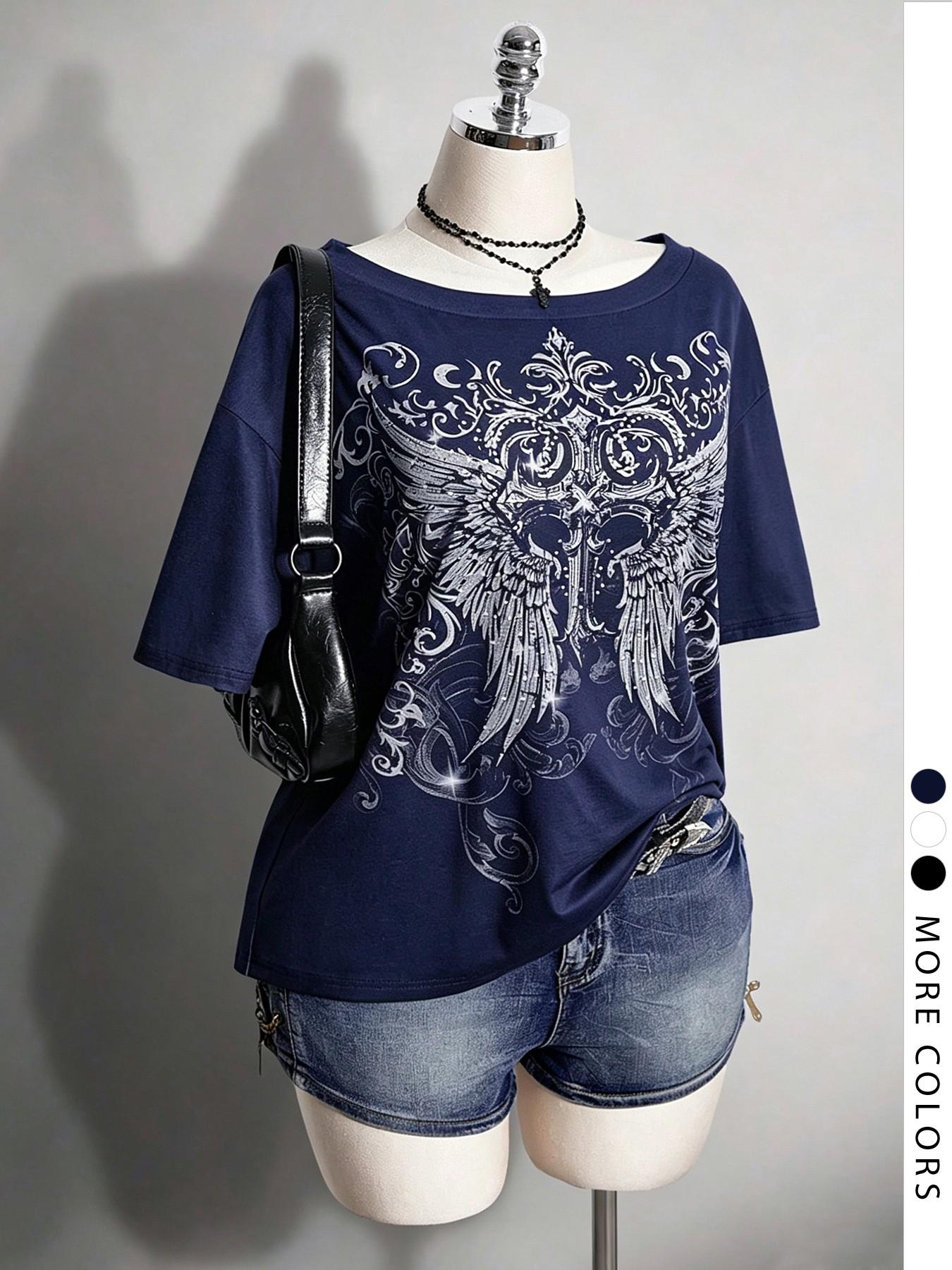 Women's Vintage Gothic Wing Print Short Sleeve Top, Summer Casual Fashion Graphic T-Shirt, Casual Trendy Tee