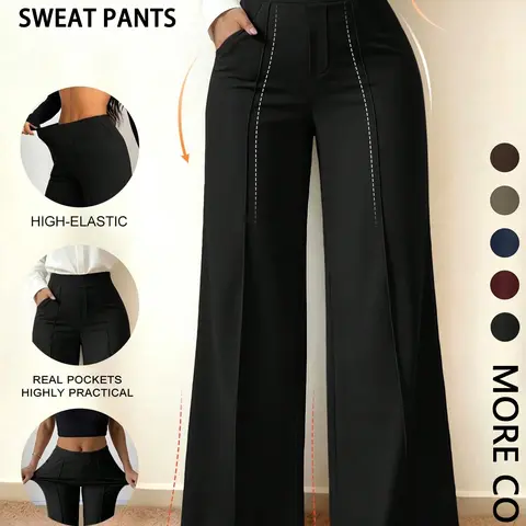 High Elastic High Waist Wide Leg Casual Sweatpants, Front Split with Pockets, Loose Fit, Daily Wear, Trendy Comfortable Trousers