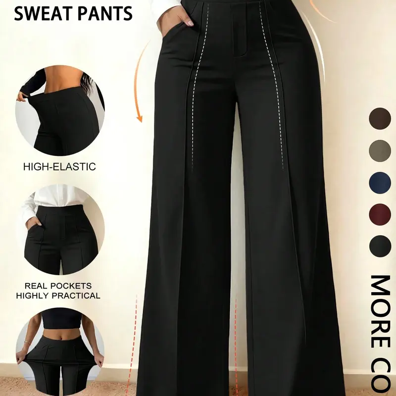 High Elastic High Waist Wide Leg Casual Sweatpants, Front Split with Pockets, Loose Fit, Daily Wear, Trendy Comfortable Trousers