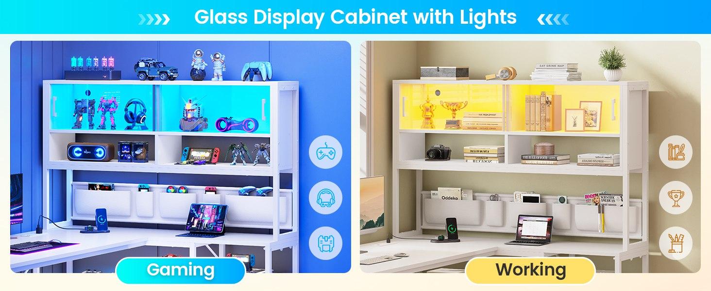 SEDETA LED L-Shaped Gaming Desk with Storage for Home Office Game Table with LED Lights, Glass Cabinet Furniture Shelves Modern Organizer，Large Computer Gaming PC Desk, Writing Table Study Desk for Bedroom, Study, Office