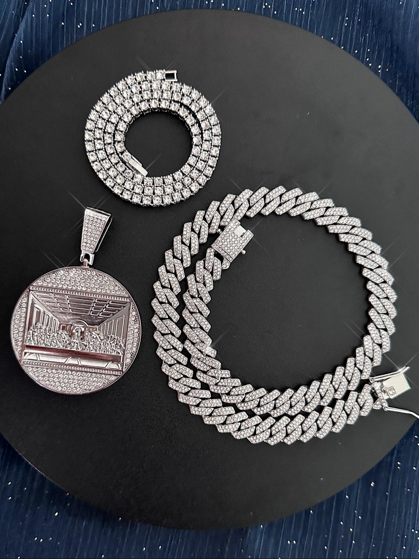 2Pcs/3Pcs Hip Hop Last Supper Pendant Big Jesus Iced Out Golden Cuban Link Design Charm Necklace Fashion for Men Gift for My Men Hip Hop Accessory