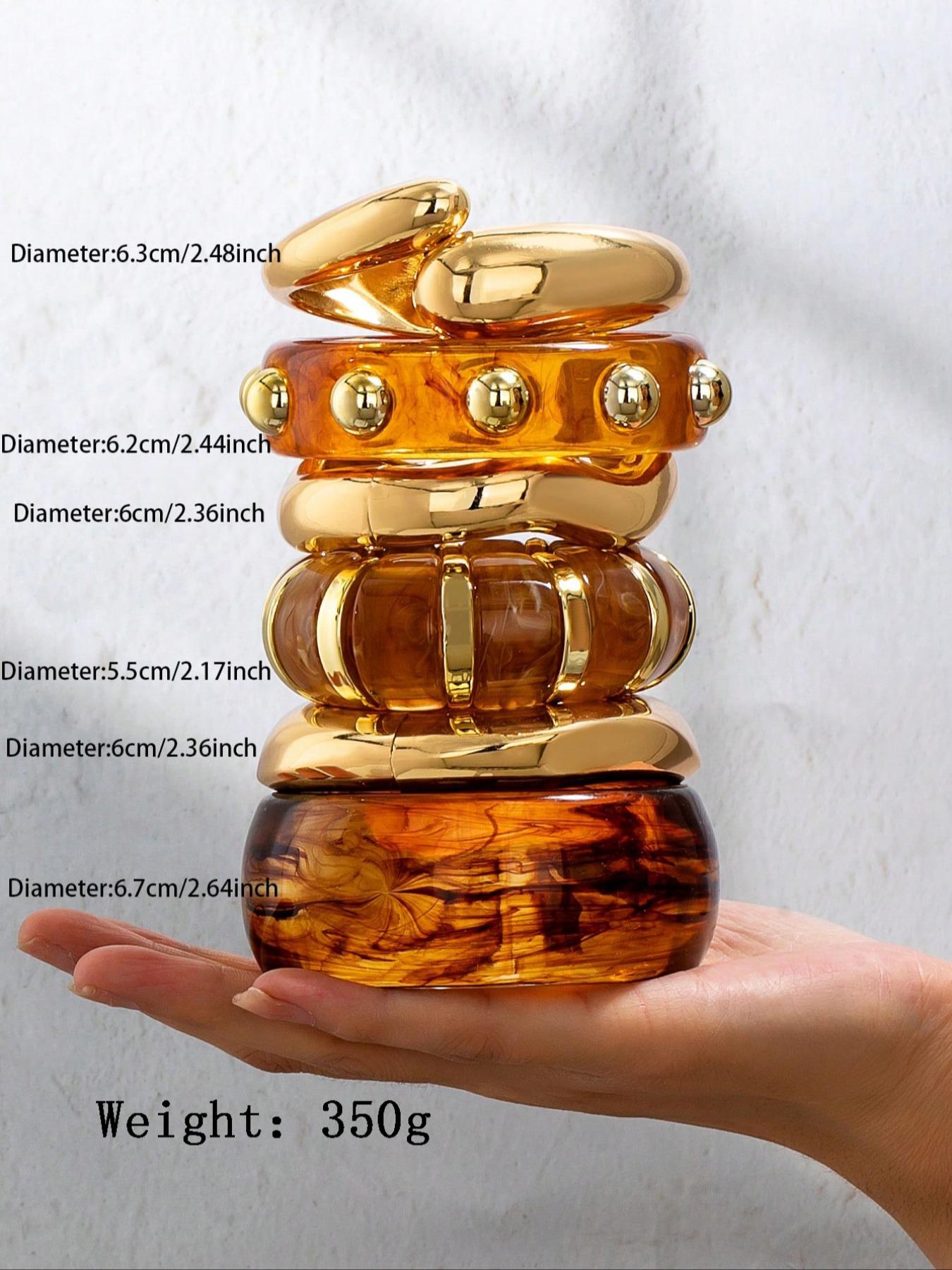 Women's 6-Piece Resin Cuff Bangle Bracelet Set, Irregular Shape Oversized Chunky Metal Clasp, Acrylic Bracelets for Daily Wear & Parties, Trendy Stack Bangle